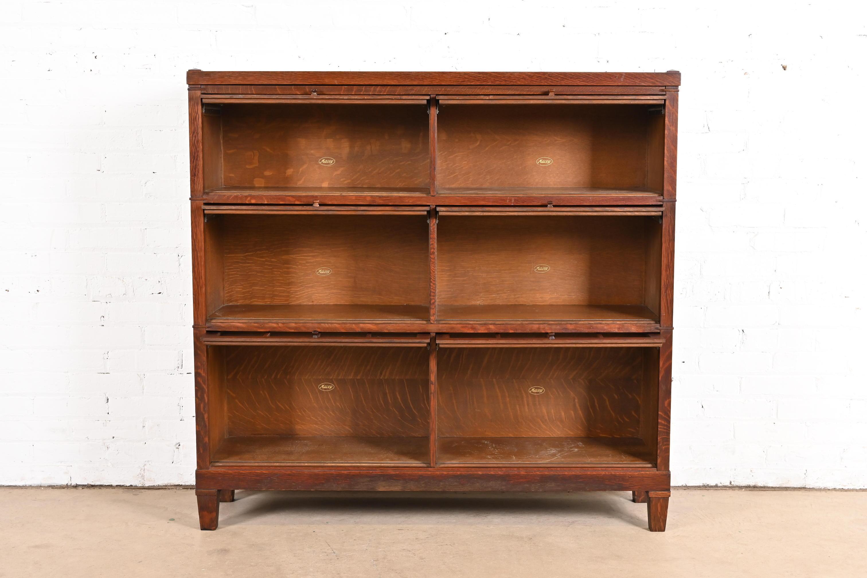 Antique Arts & Crafts Tiger Oak Three-Stack Double Barrister Bookcase by Macey In Good Condition In South Bend, IN