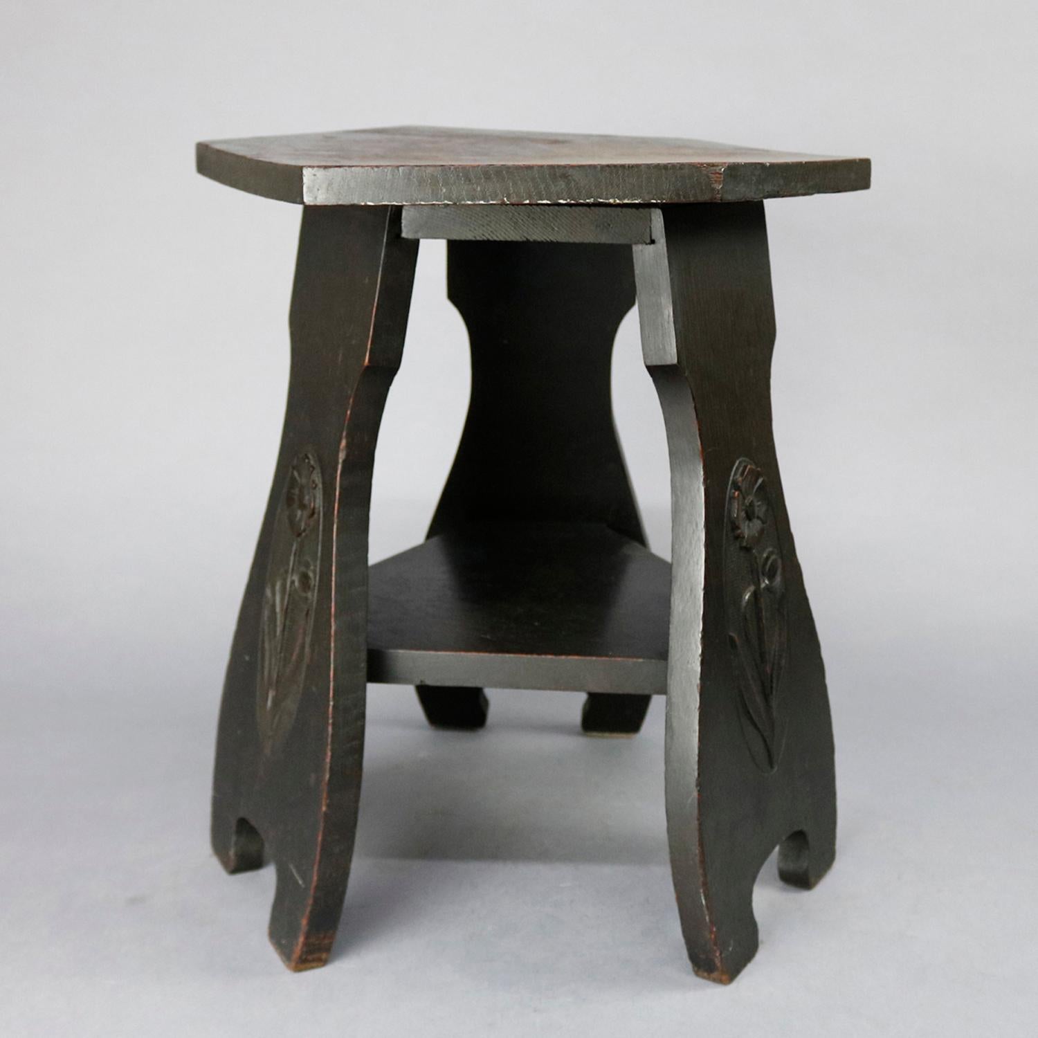 Antique Arts and Crafts Toby School Floral Carved Oak Octagonal Taboret