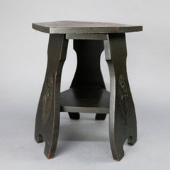 Antique Arts & Crafts Toby School Floral Carved Oak Octagonal Taboret Stand 1910