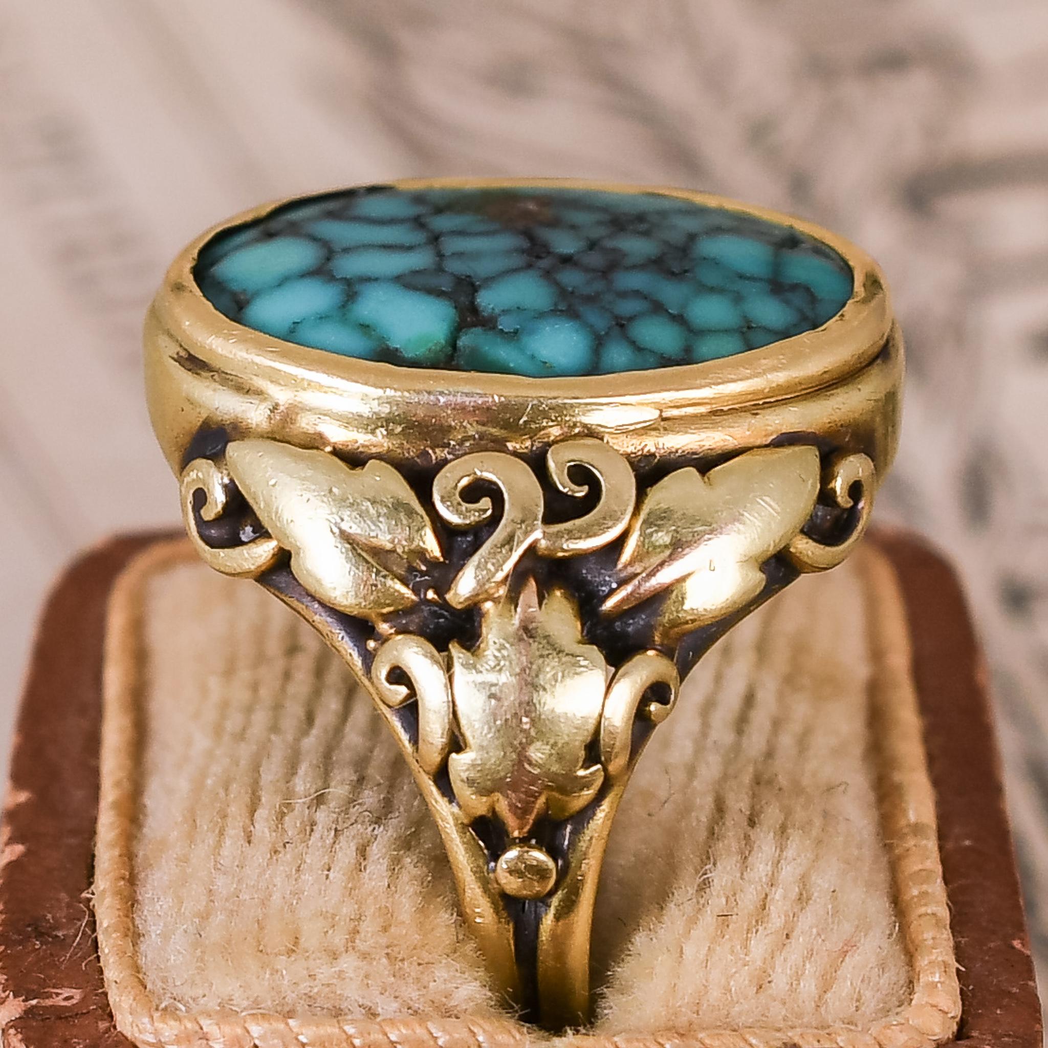 Cabochon Antique Arts & Crafts Turquoise Matrix Grape Leaf & Vine Ring For Sale