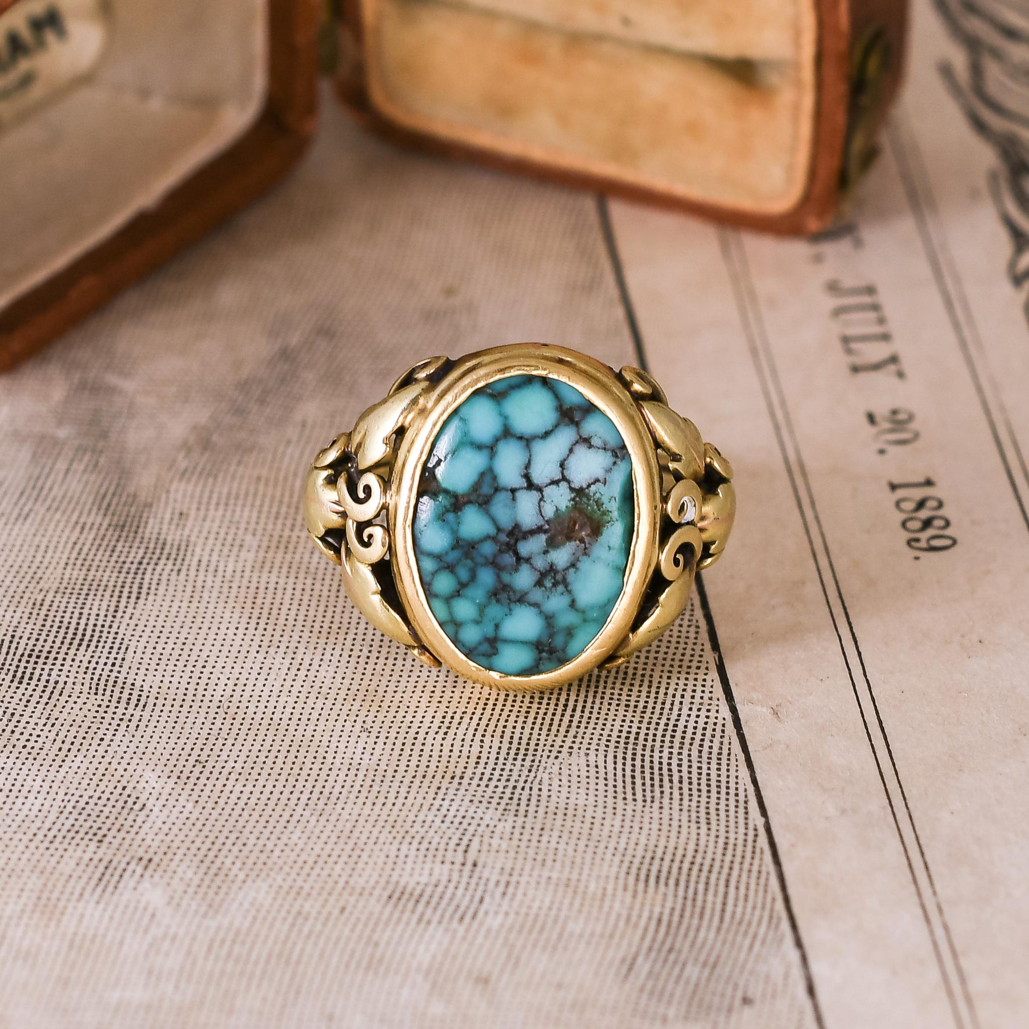 Antique Arts & Crafts Turquoise Matrix Grape Leaf & Vine Ring In Good Condition For Sale In Sale, Cheshire