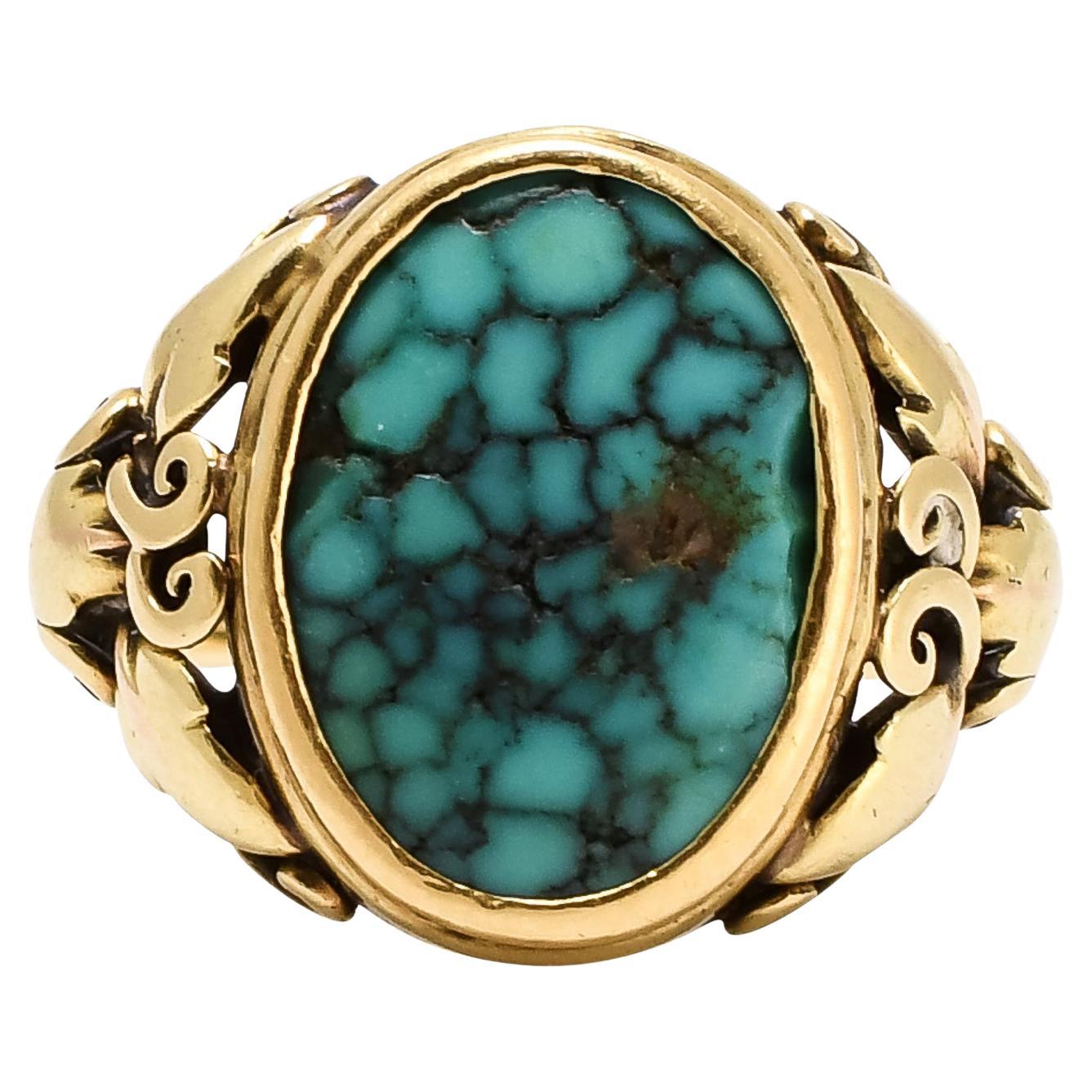 Antique Arts & Crafts Turquoise Matrix Grape Leaf & Vine Ring For Sale