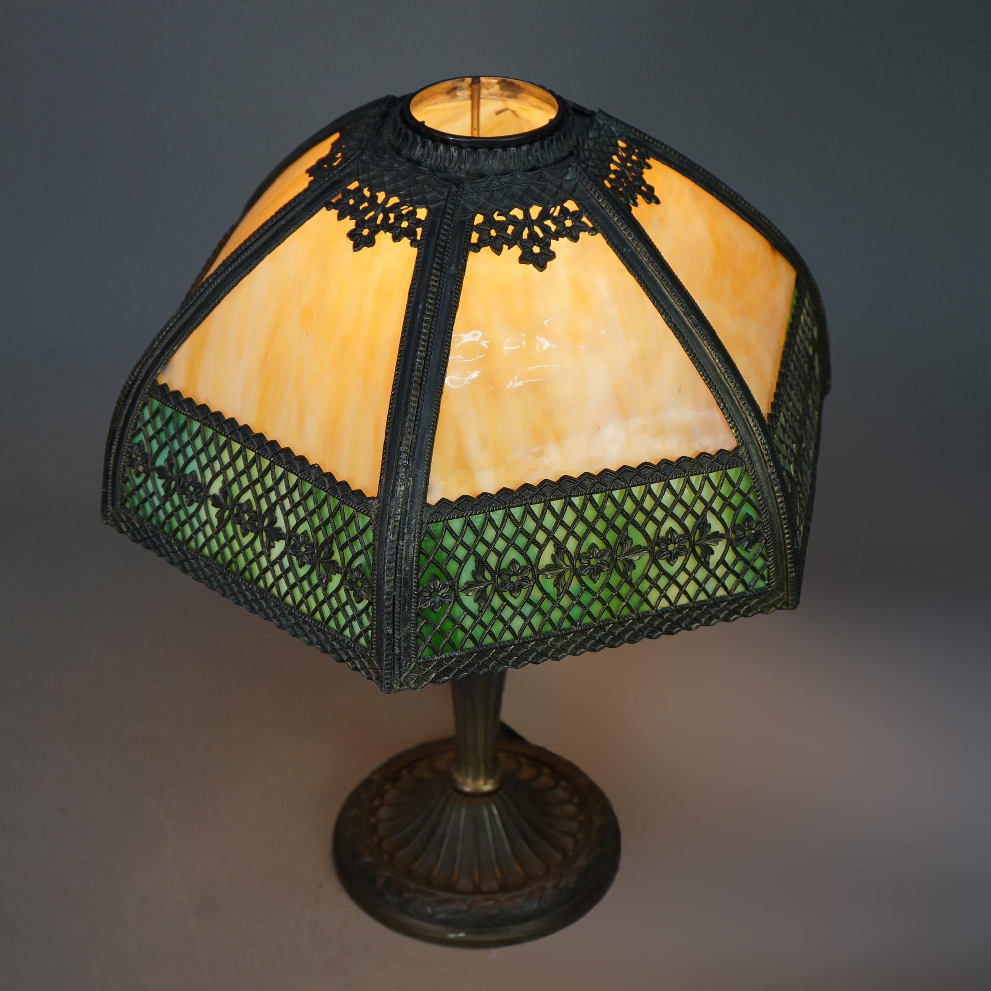 American Antique Arts & Crafts Two-Tone Slag Glass Lamp, circa 1910 For Sale