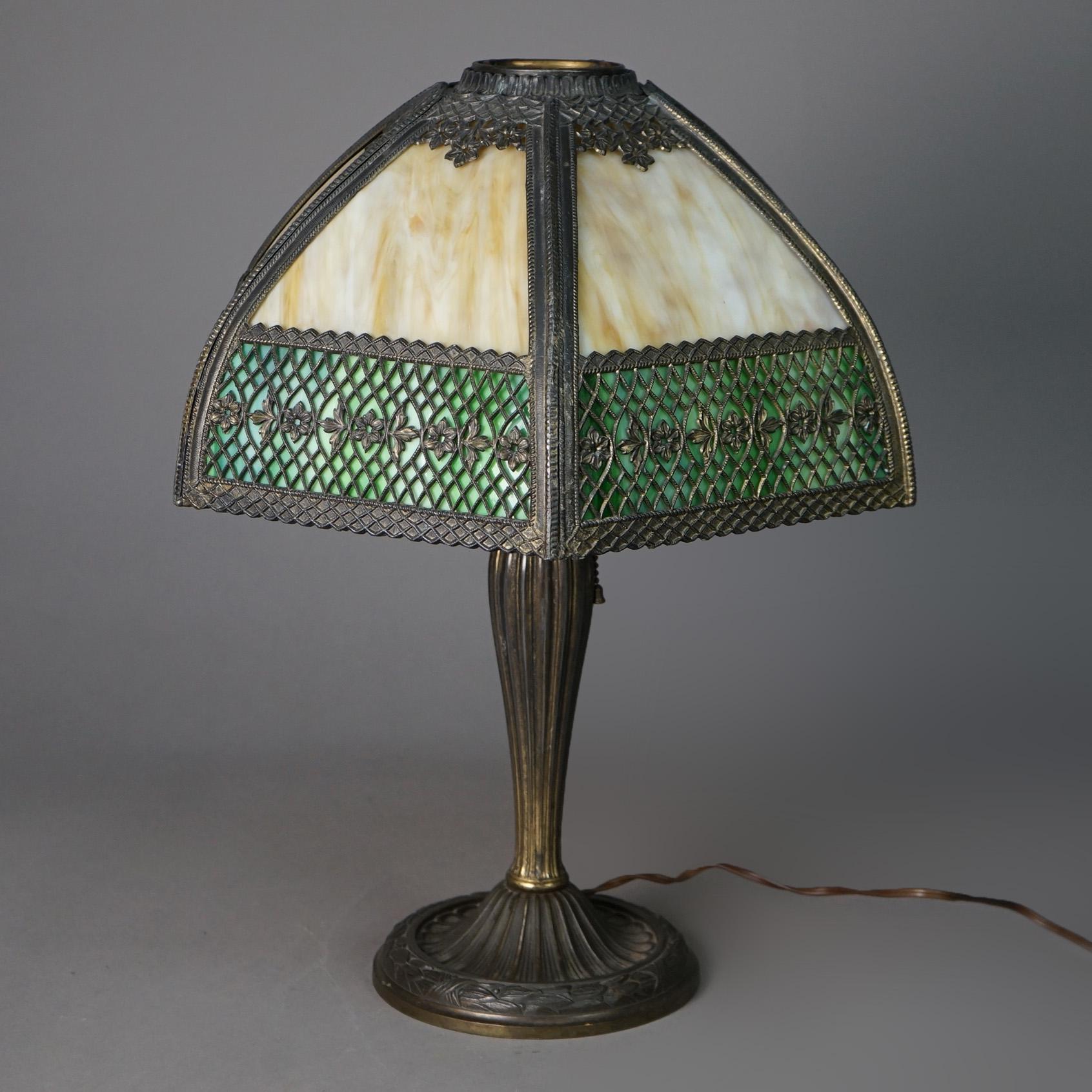 Metal Antique Arts & Crafts Two-Tone Slag Glass Lamp, circa 1910 For Sale
