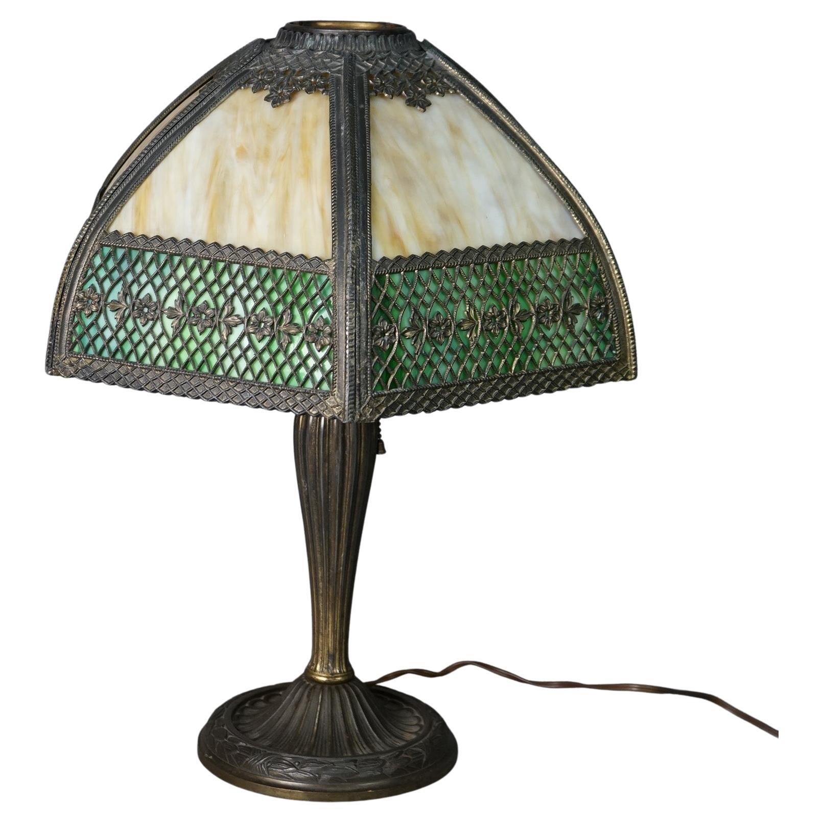 Antique Arts & Crafts Two-Tone Slag Glass Lamp, circa 1910 For Sale