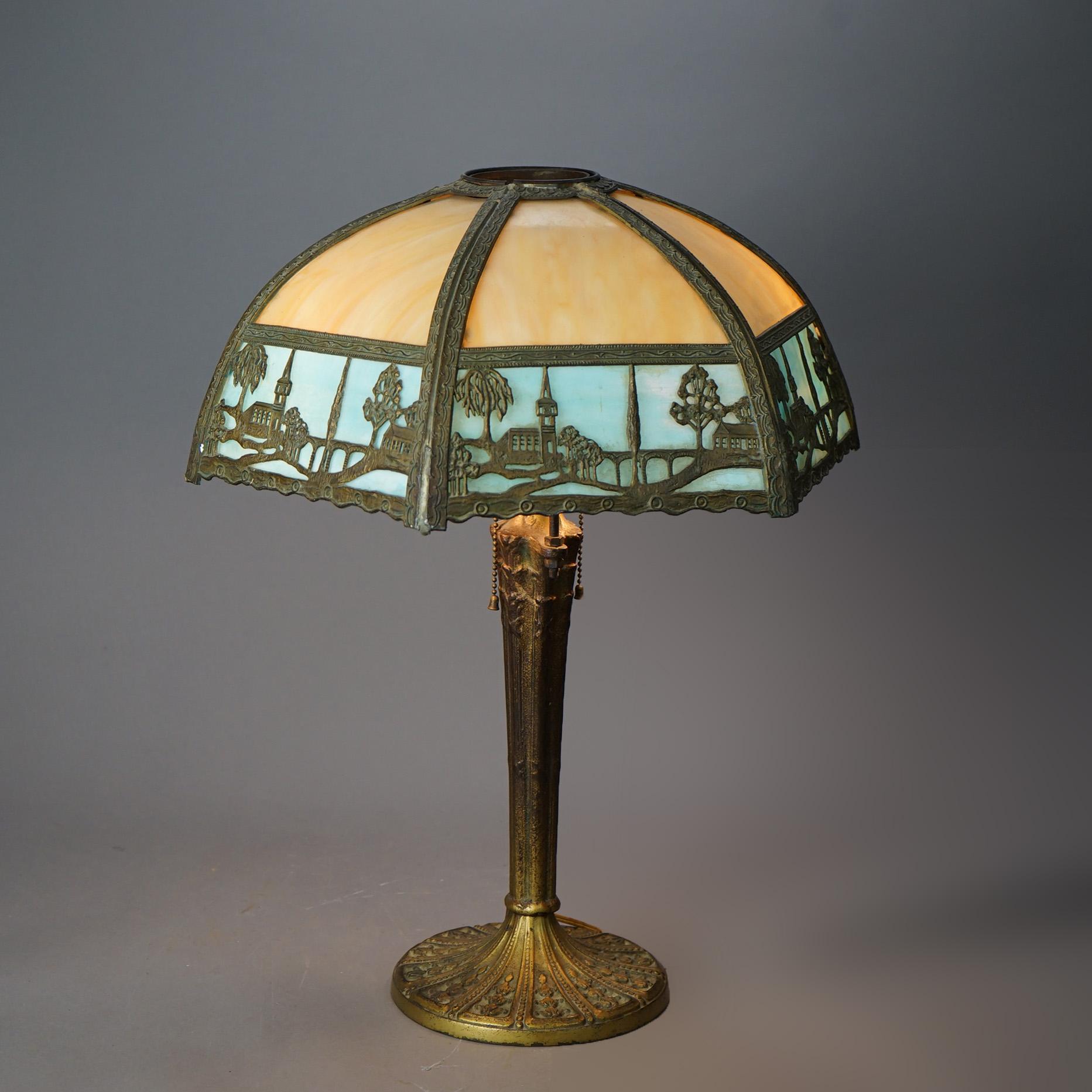 Antique Arts & Crafts Two-Tone Slag Glass Table Lamp, Scenic with Church, c1920 For Sale 4