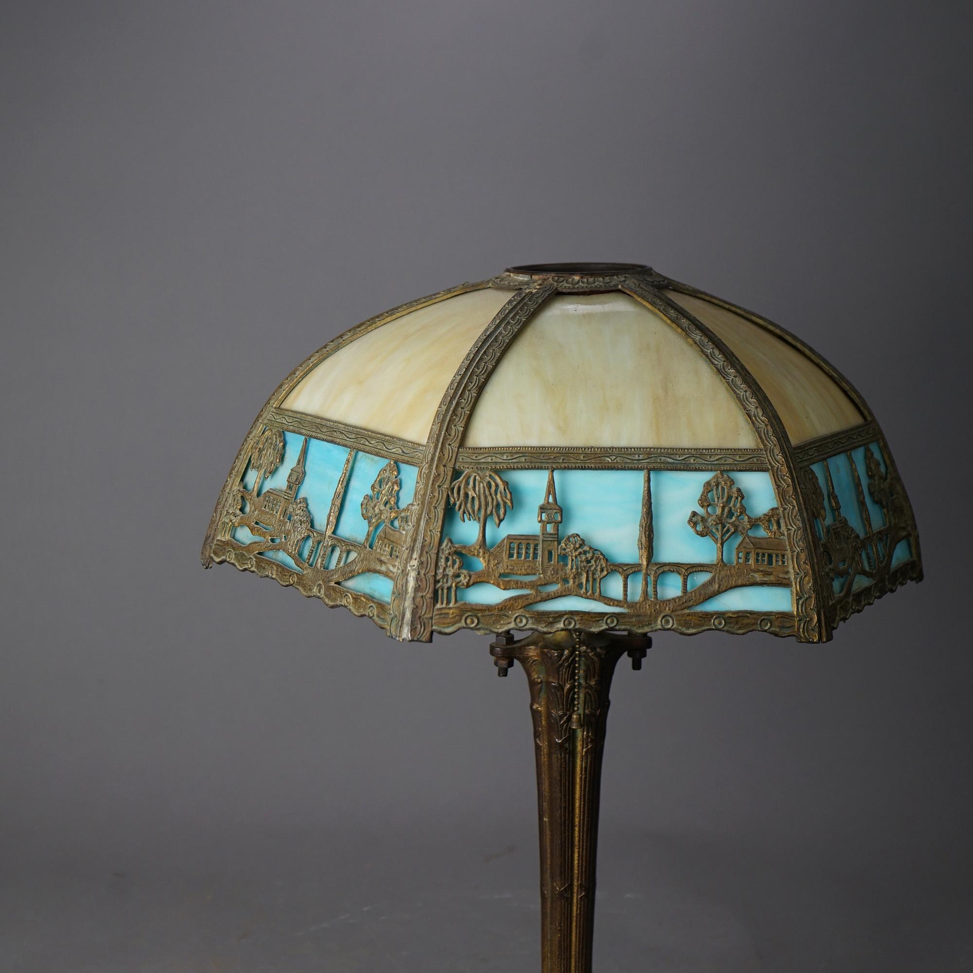 American Antique Arts & Crafts Two-Tone Slag Glass Table Lamp, Scenic with Church, c1920 For Sale