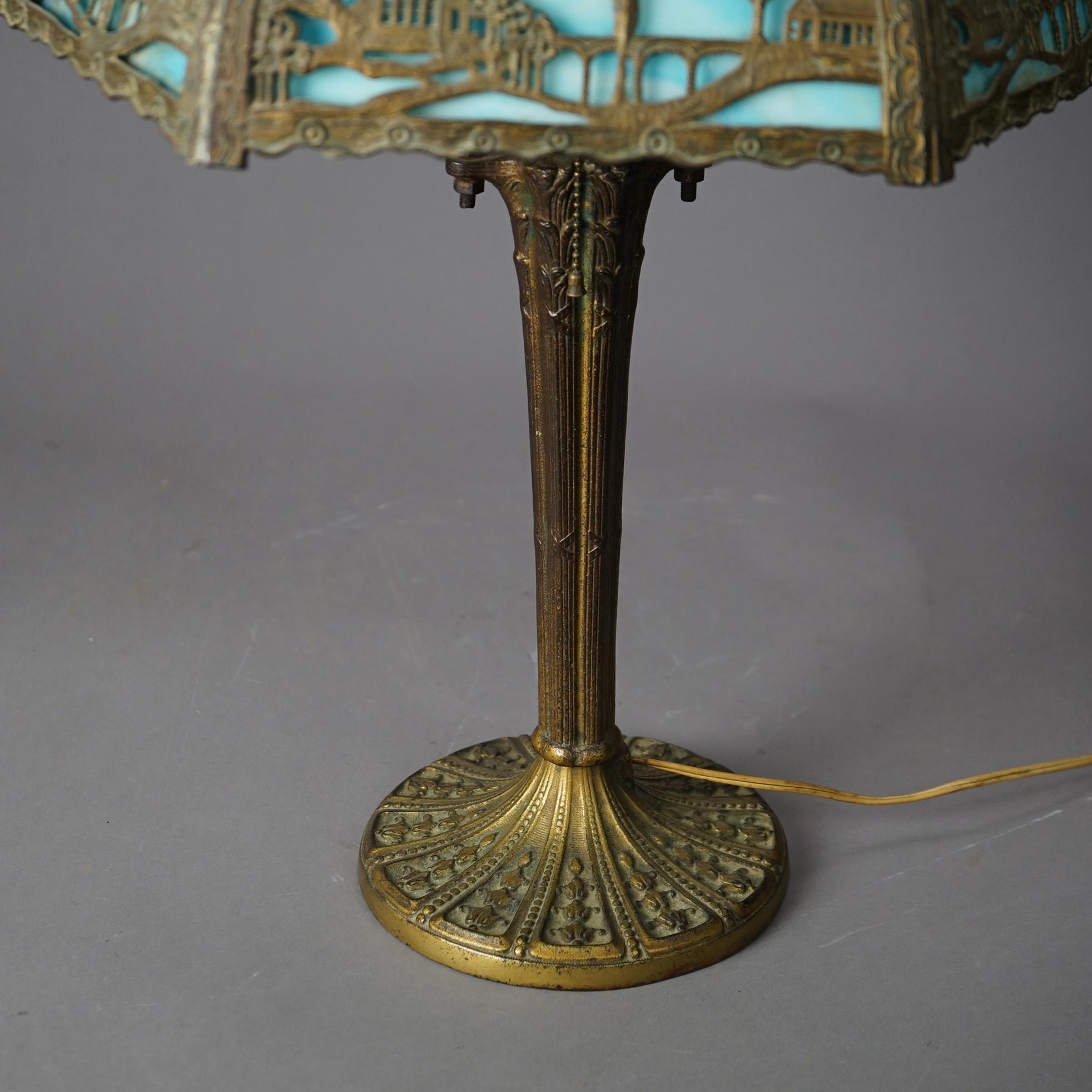 Cast Antique Arts & Crafts Two-Tone Slag Glass Table Lamp, Scenic with Church, c1920 For Sale