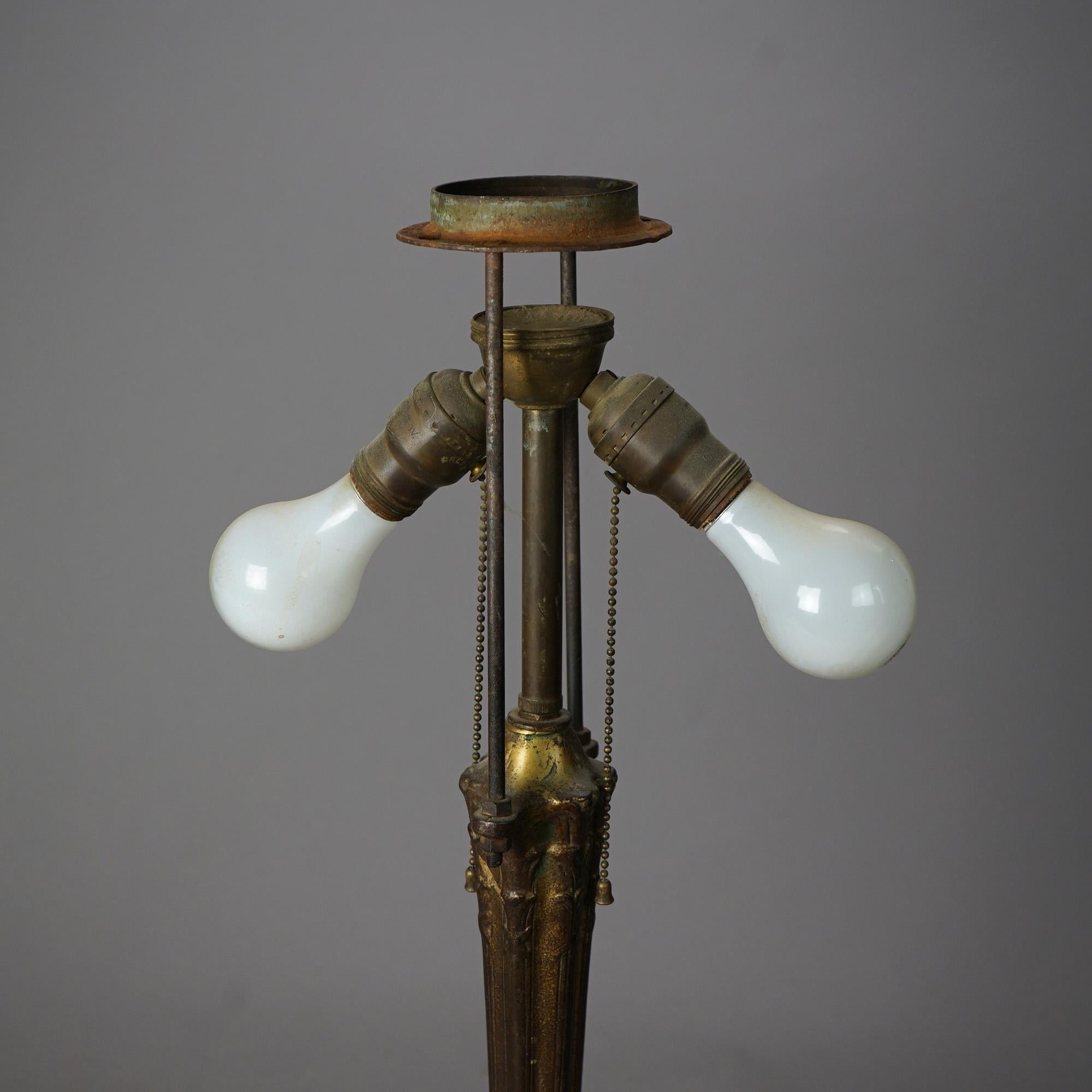 Antique Arts & Crafts Two-Tone Slag Glass Table Lamp, Scenic with Church, c1920 In Good Condition For Sale In Big Flats, NY