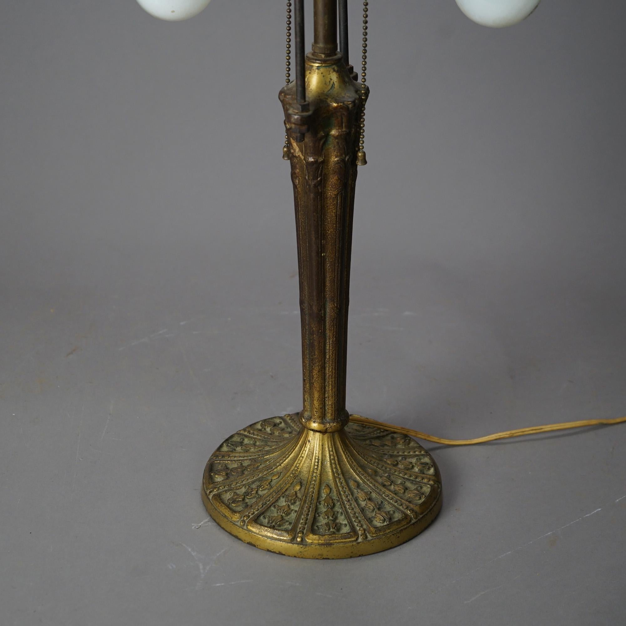 20th Century Antique Arts & Crafts Two-Tone Slag Glass Table Lamp, Scenic with Church, c1920 For Sale