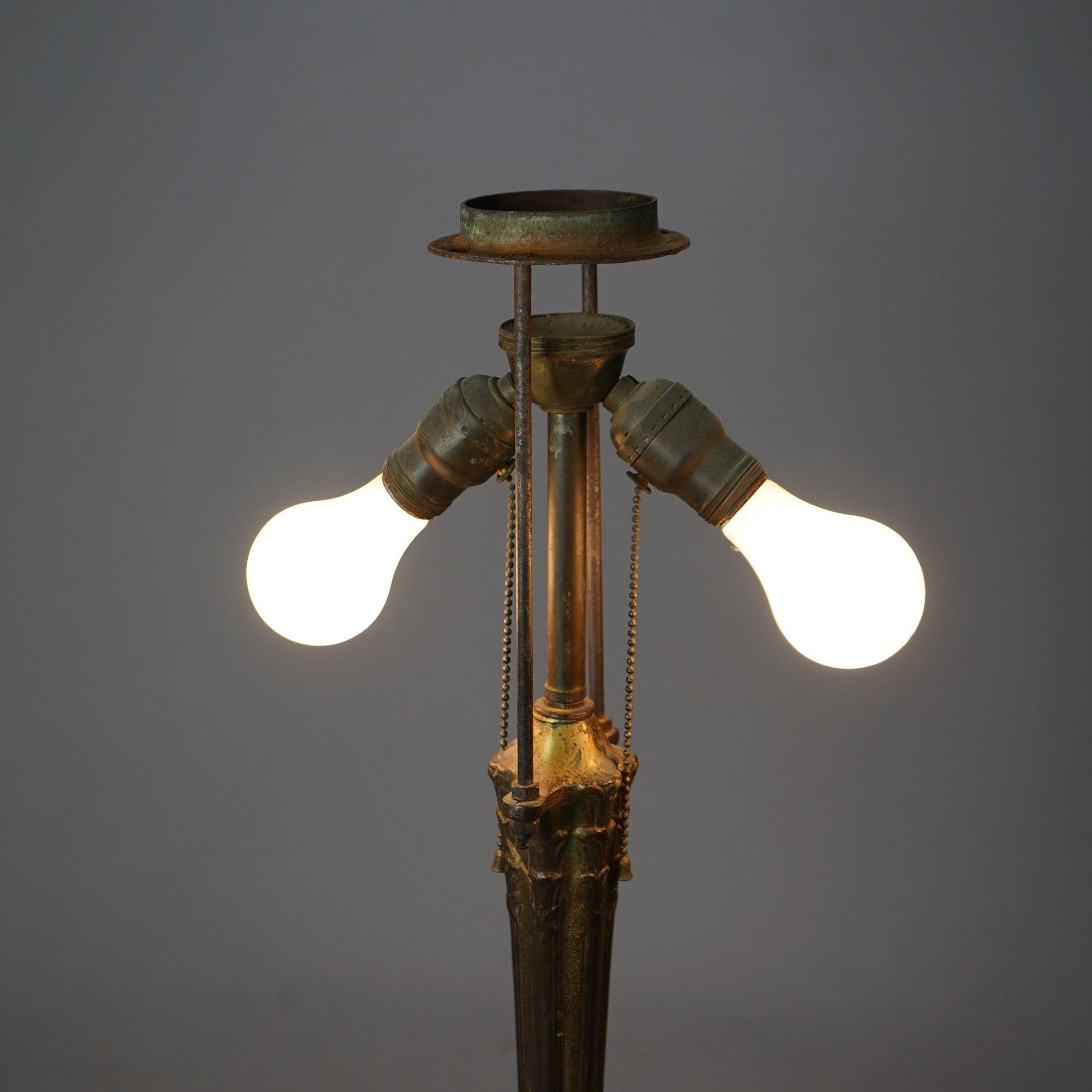 Metal Antique Arts & Crafts Two-Tone Slag Glass Table Lamp, Scenic with Church, c1920 For Sale
