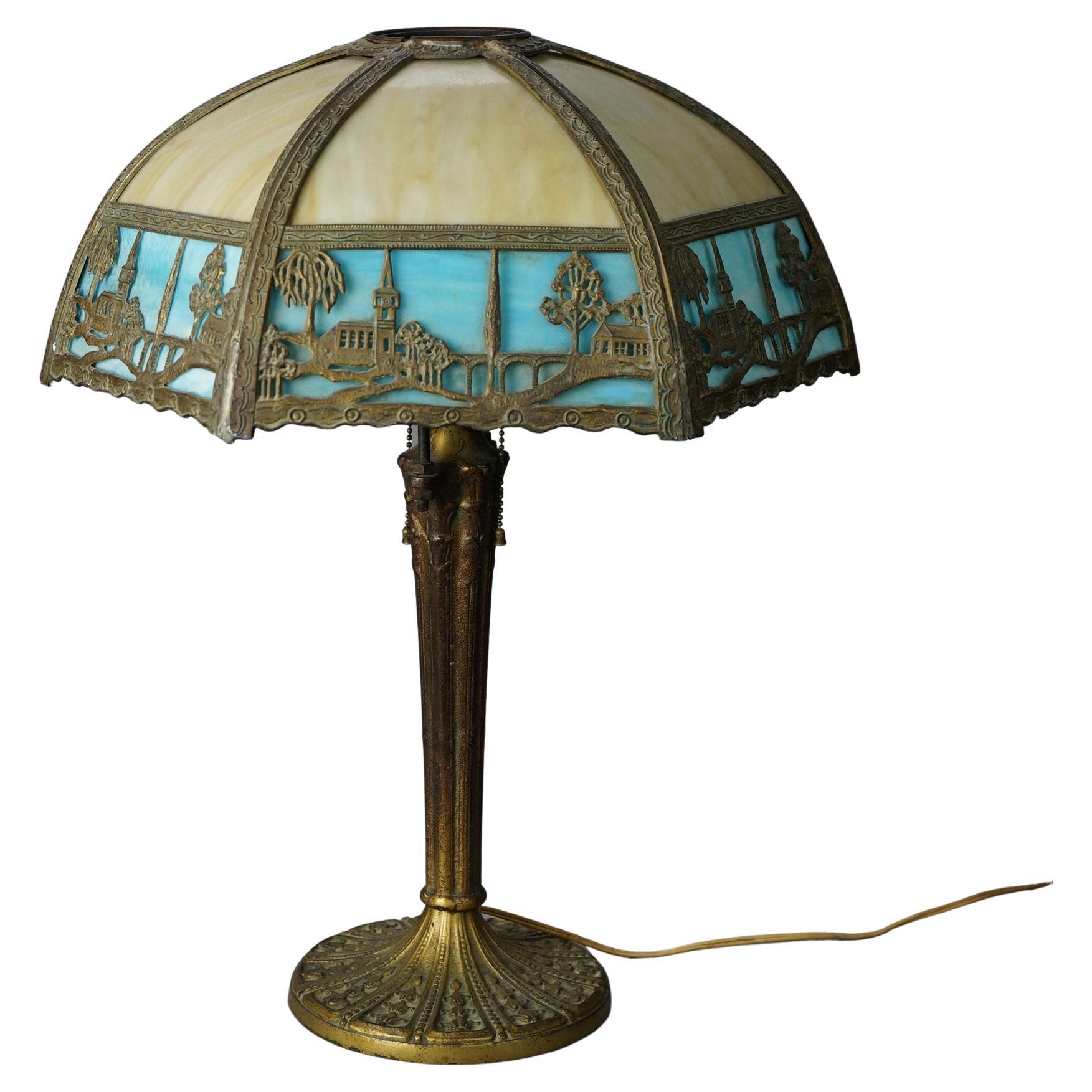 Antique Arts & Crafts Two-Tone Slag Glass Table Lamp, Scenic with Church, c1920