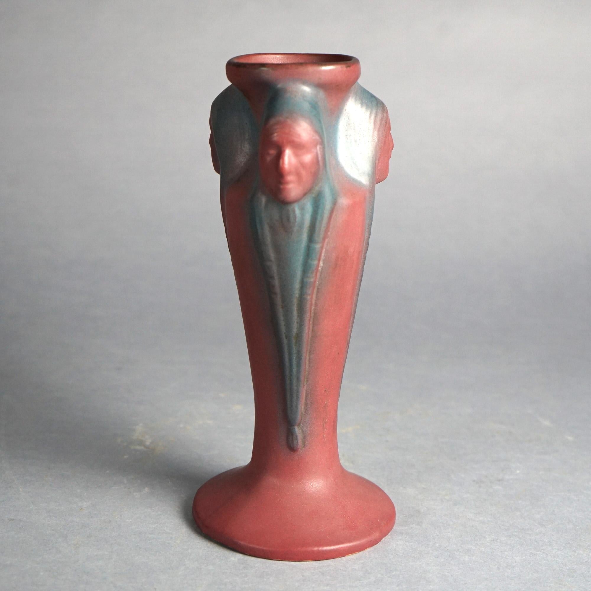 Antique Arts & Crafts Van Briggle Indian Head Figural Pottery Footed Vase C1940 In Good Condition In Big Flats, NY