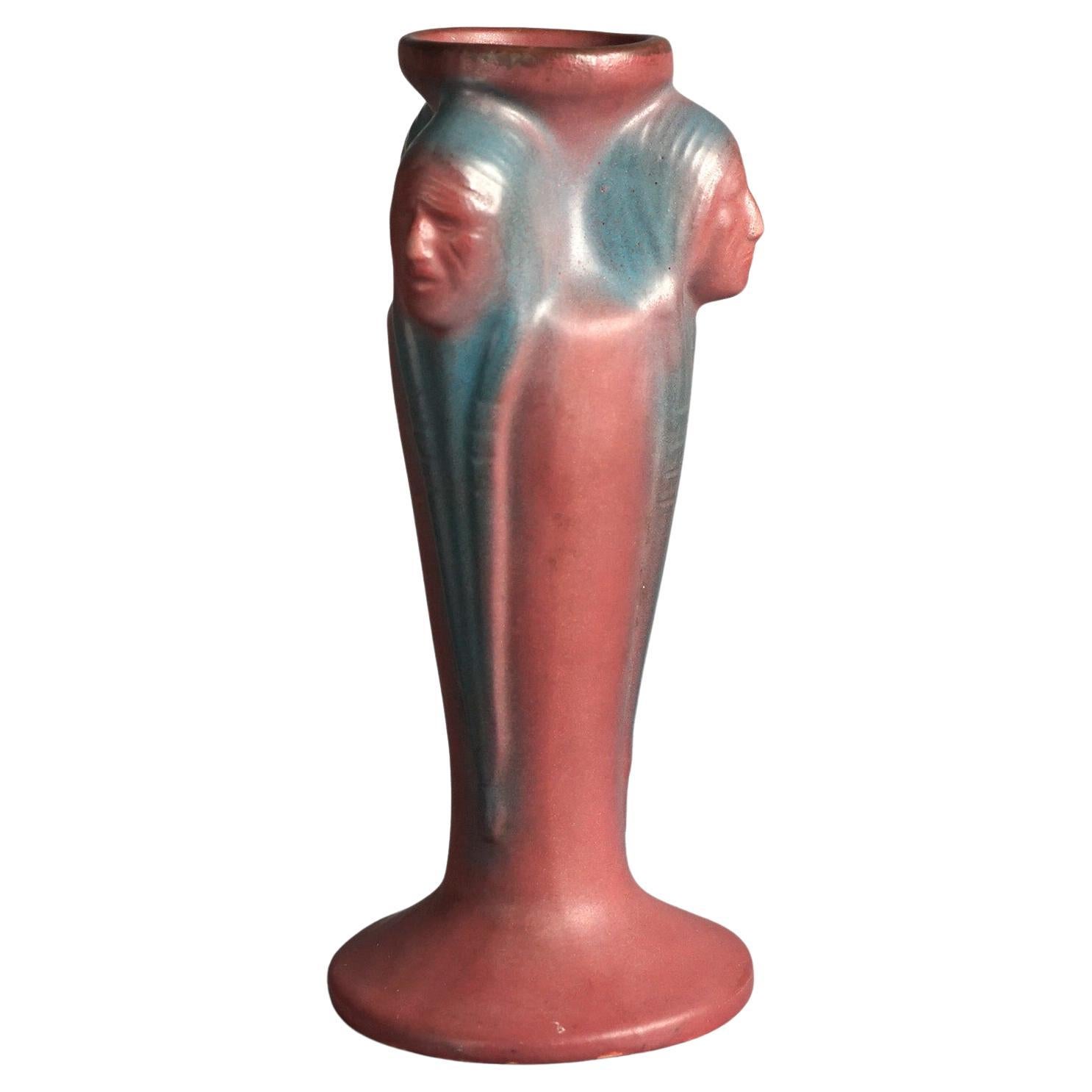 Antique Arts and Crafts Van Briggle Indian Head Figural Pottery Footed Vase  C1940 For Sale at 1stDibs