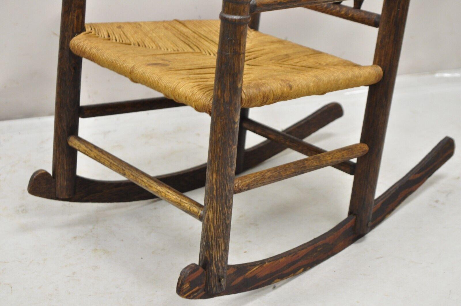 19th Century Antique Arts & Crafts Victorian Oak Wood Rush Seat Small Child's Rocking Chair For Sale