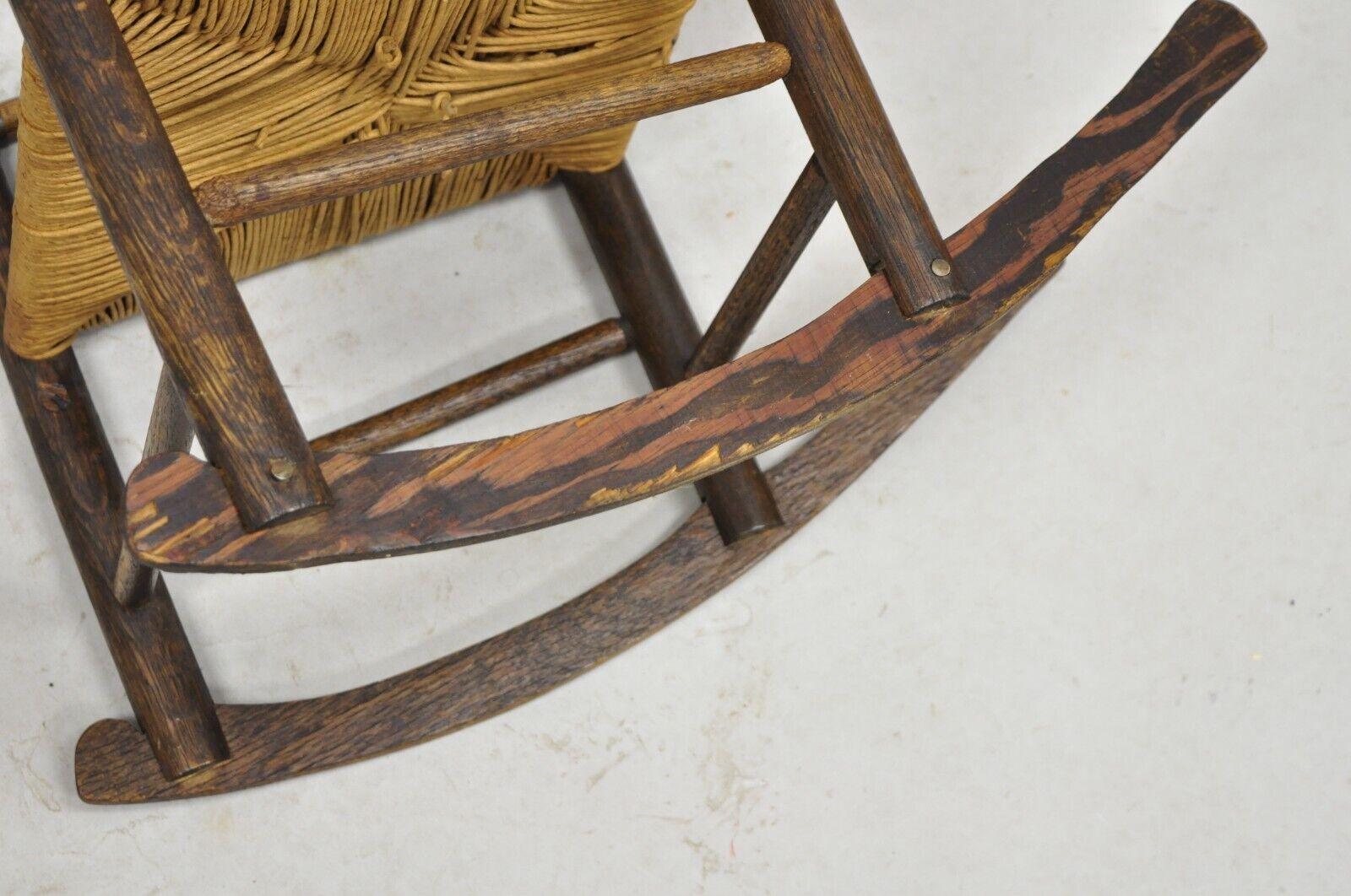 Cord Antique Arts & Crafts Victorian Oak Wood Rush Seat Small Child's Rocking Chair For Sale