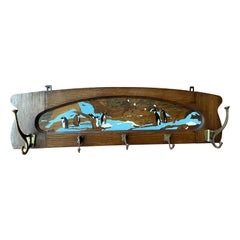 Antique Arts & Crafts Wall Coat Rack With A Hand Carved & Painted Penguin Colony
