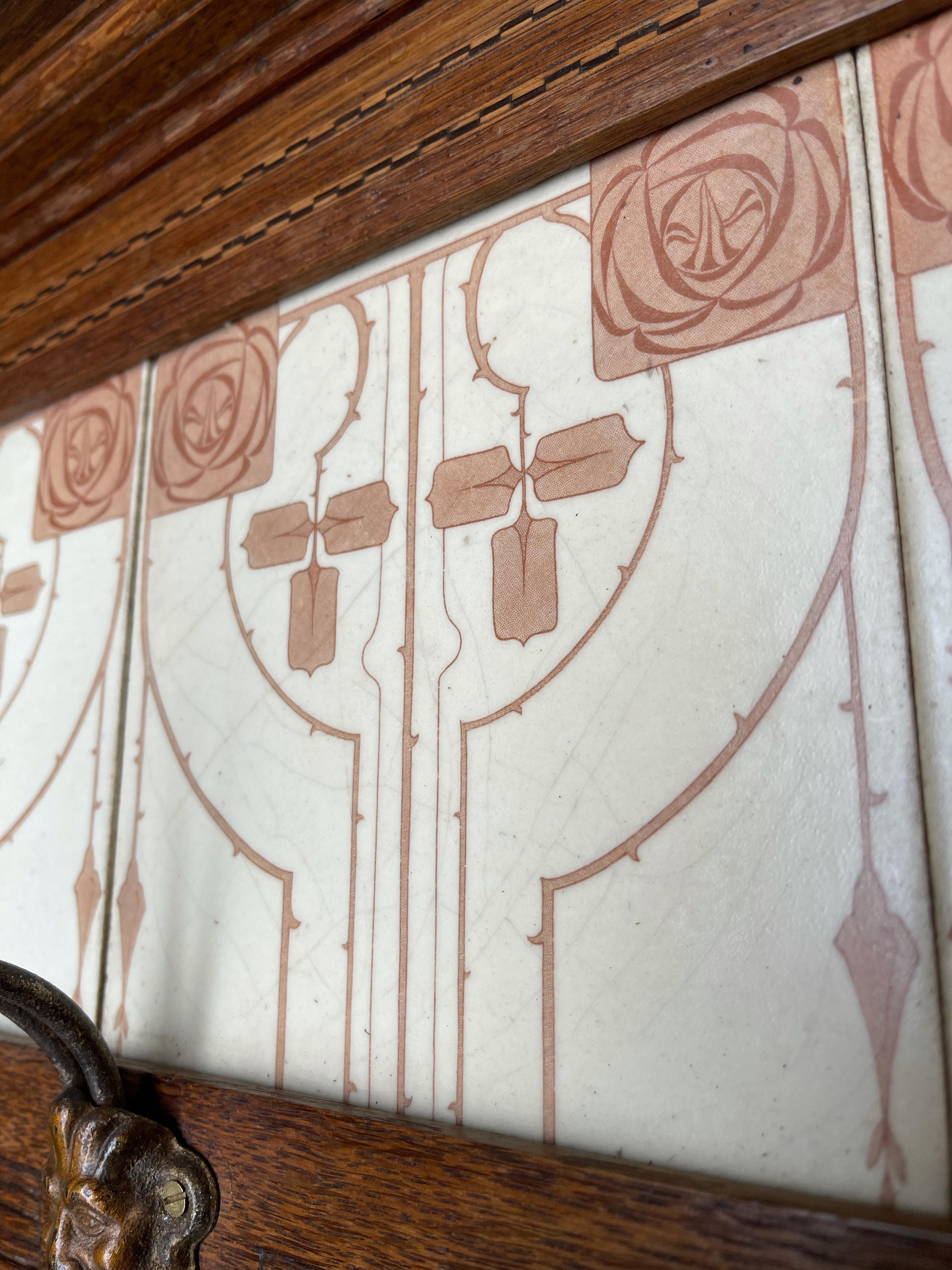 Arts & Crafts Wall Coat Rack with Unique Stylized Flower Tiles, circa 1900 1