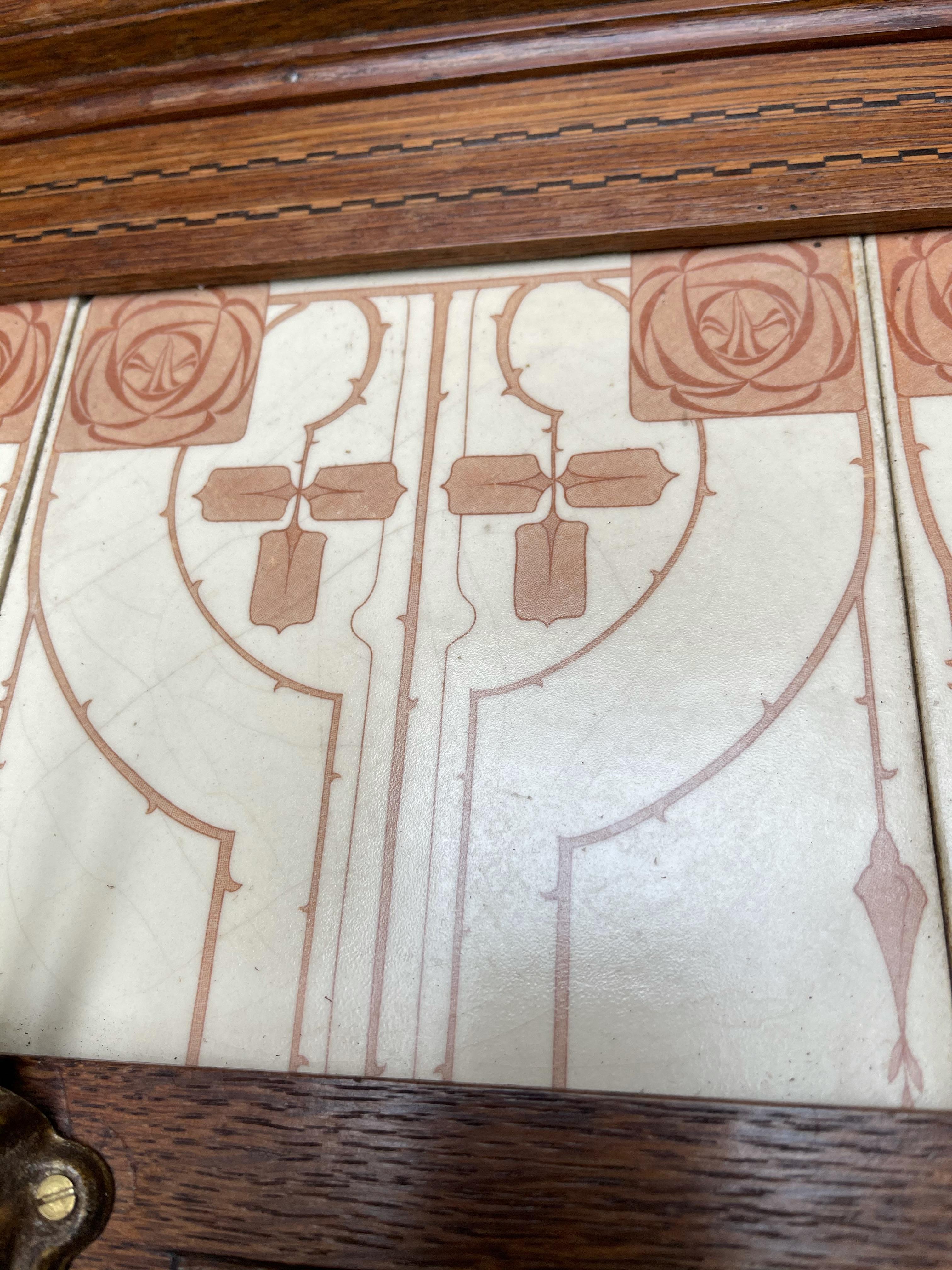 Arts & Crafts Wall Coat Rack with Unique Stylized Flower Tiles, circa 1900 2