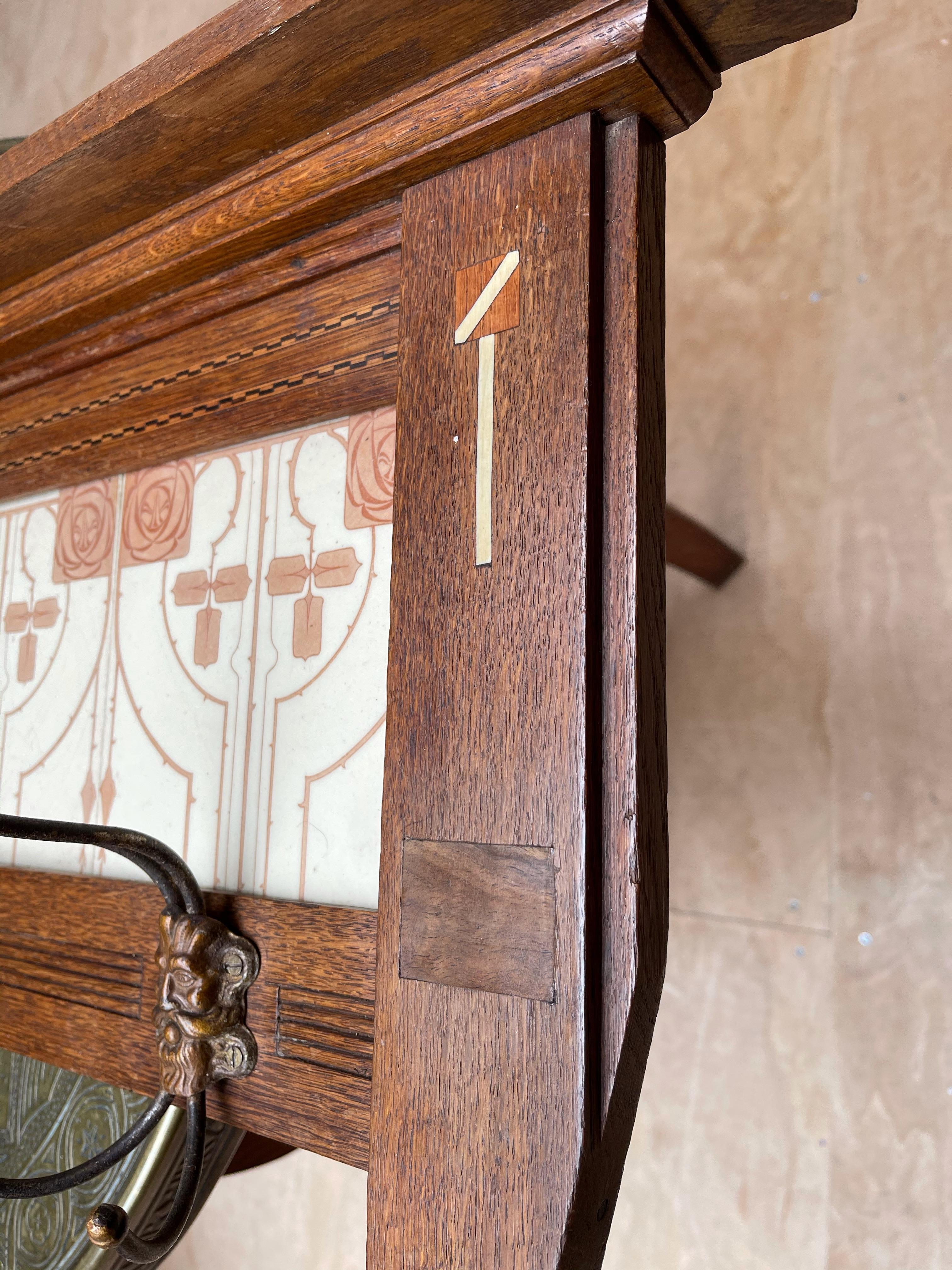 Arts & Crafts Wall Coat Rack with Unique Stylized Flower Tiles, circa 1900 6