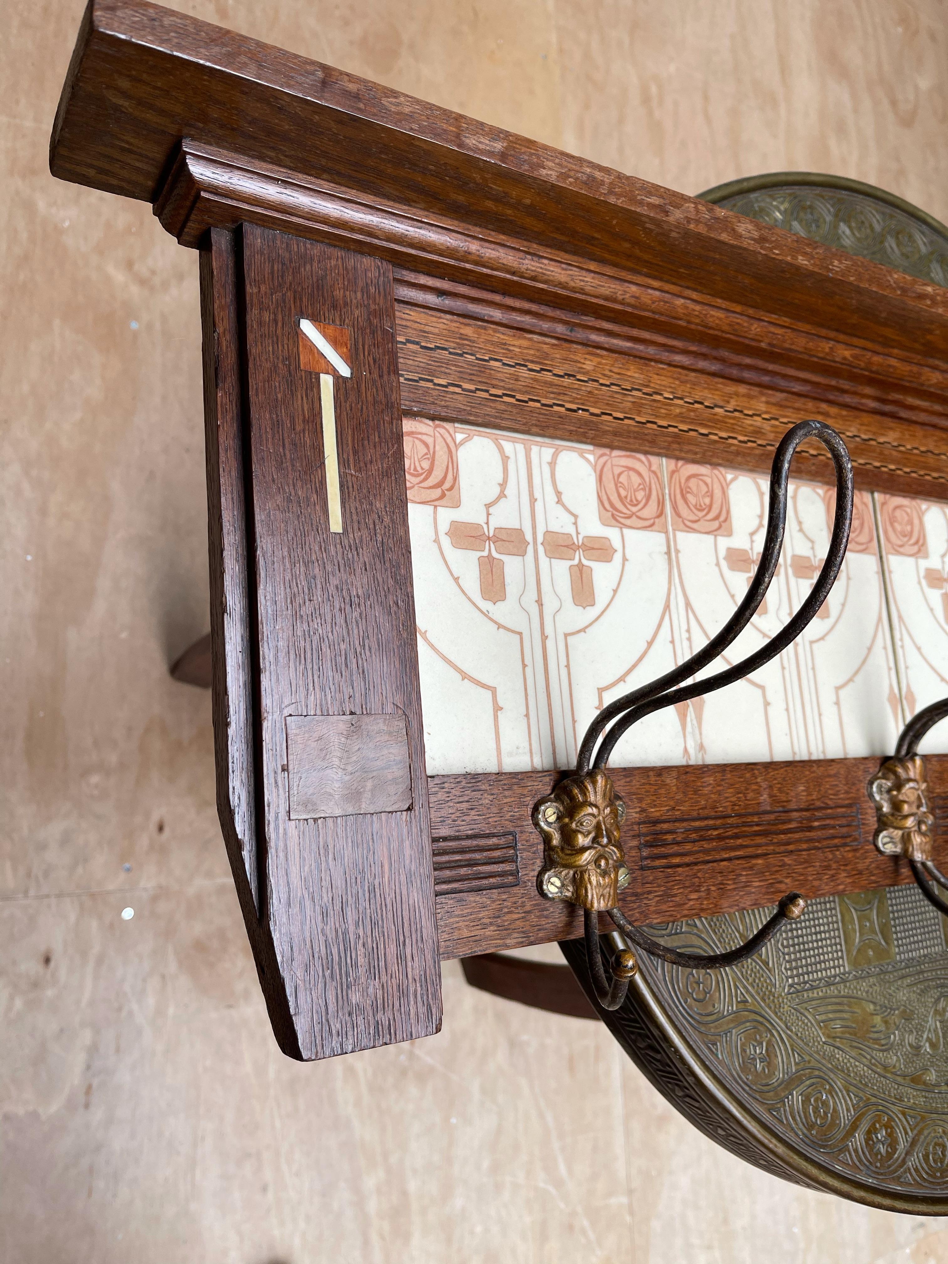 Arts & Crafts Wall Coat Rack with Unique Stylized Flower Tiles, circa 1900 7