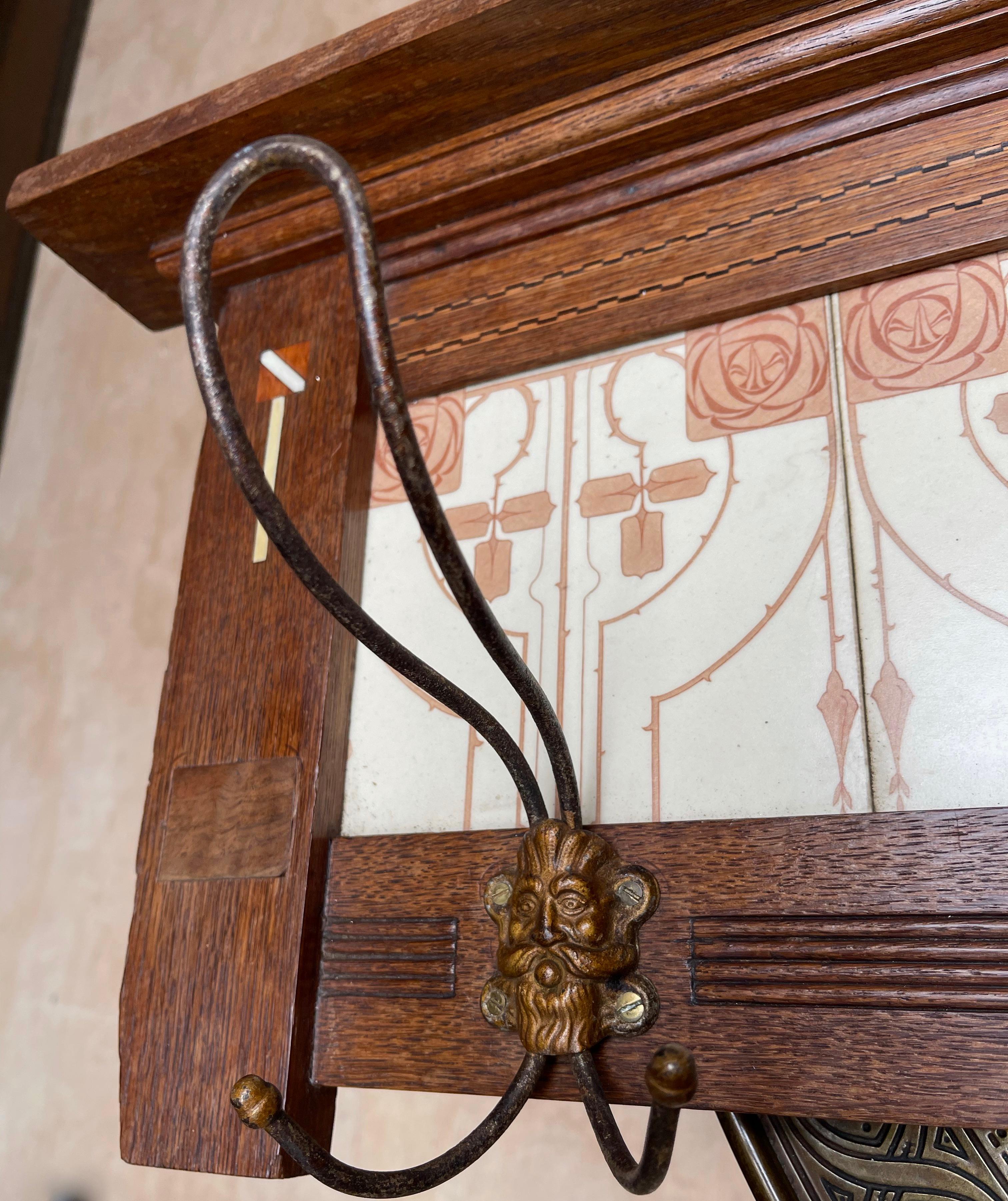 Arts & Crafts Wall Coat Rack with Unique Stylized Flower Tiles, circa 1900 8