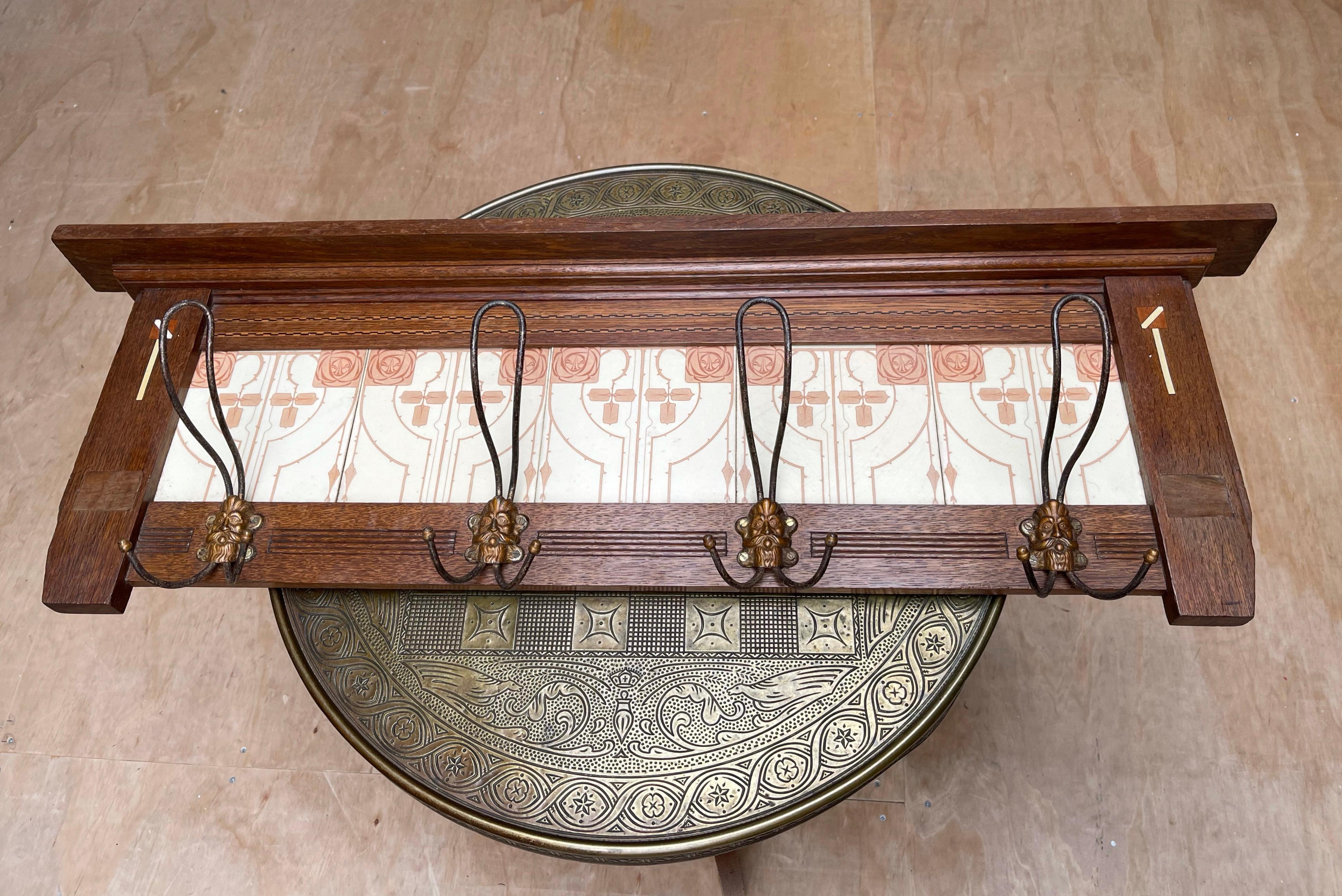 Arts & Crafts Wall Coat Rack with Unique Stylized Flower Tiles, circa 1900 9