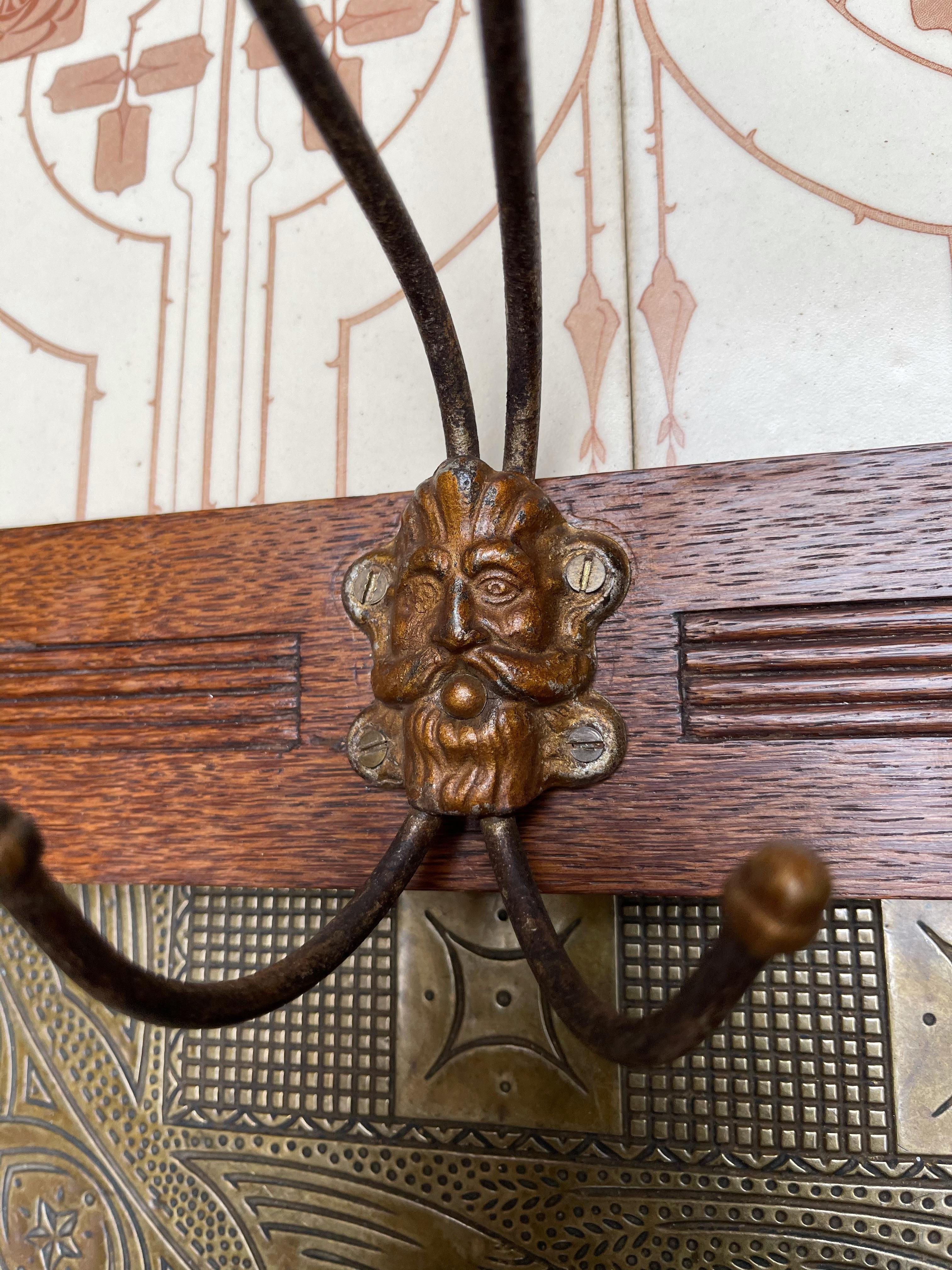 Arts & Crafts Wall Coat Rack with Unique Stylized Flower Tiles, circa 1900 10