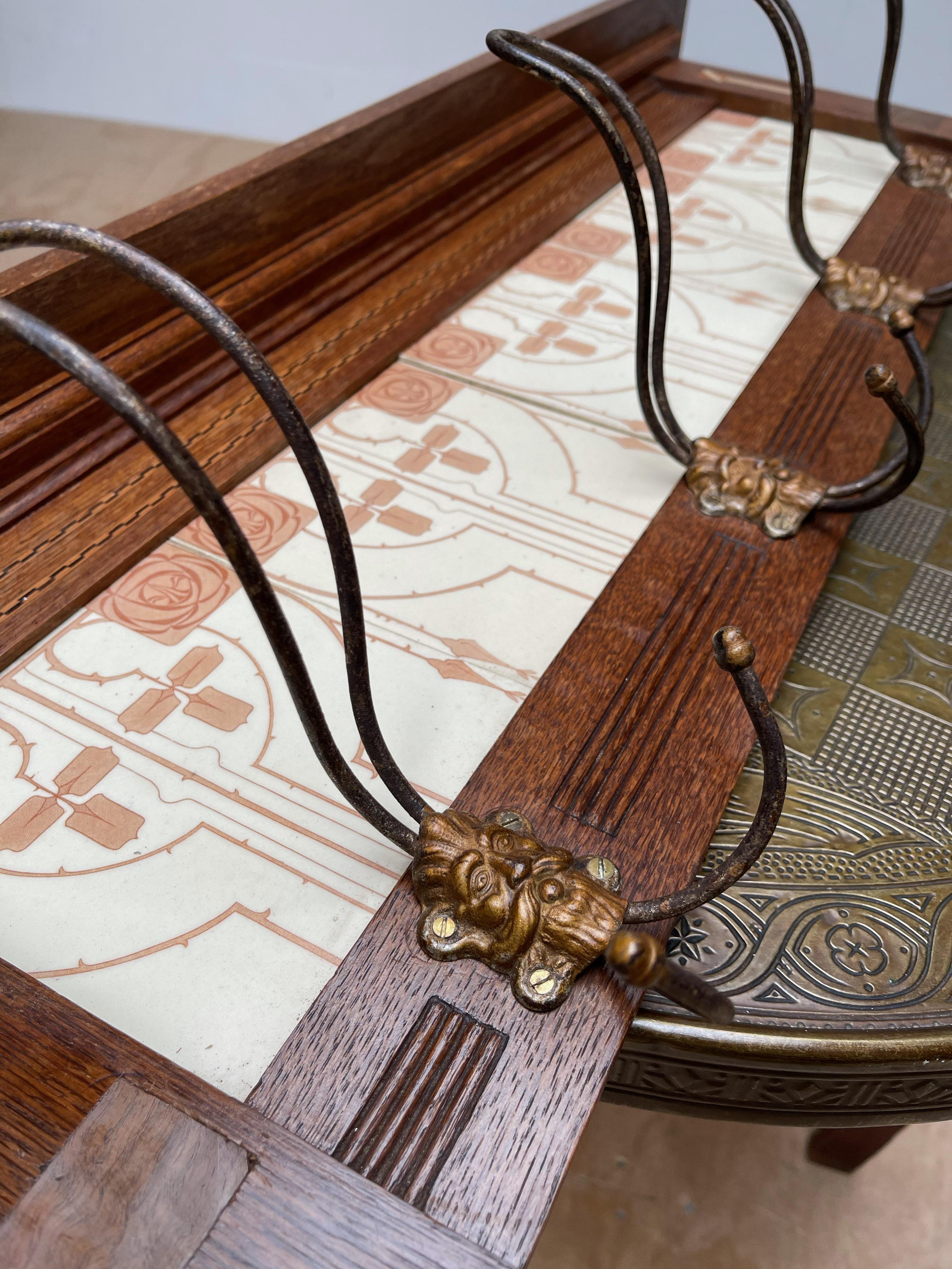 Arts and Crafts Arts & Crafts Wall Coat Rack with Unique Stylized Flower Tiles, circa 1900