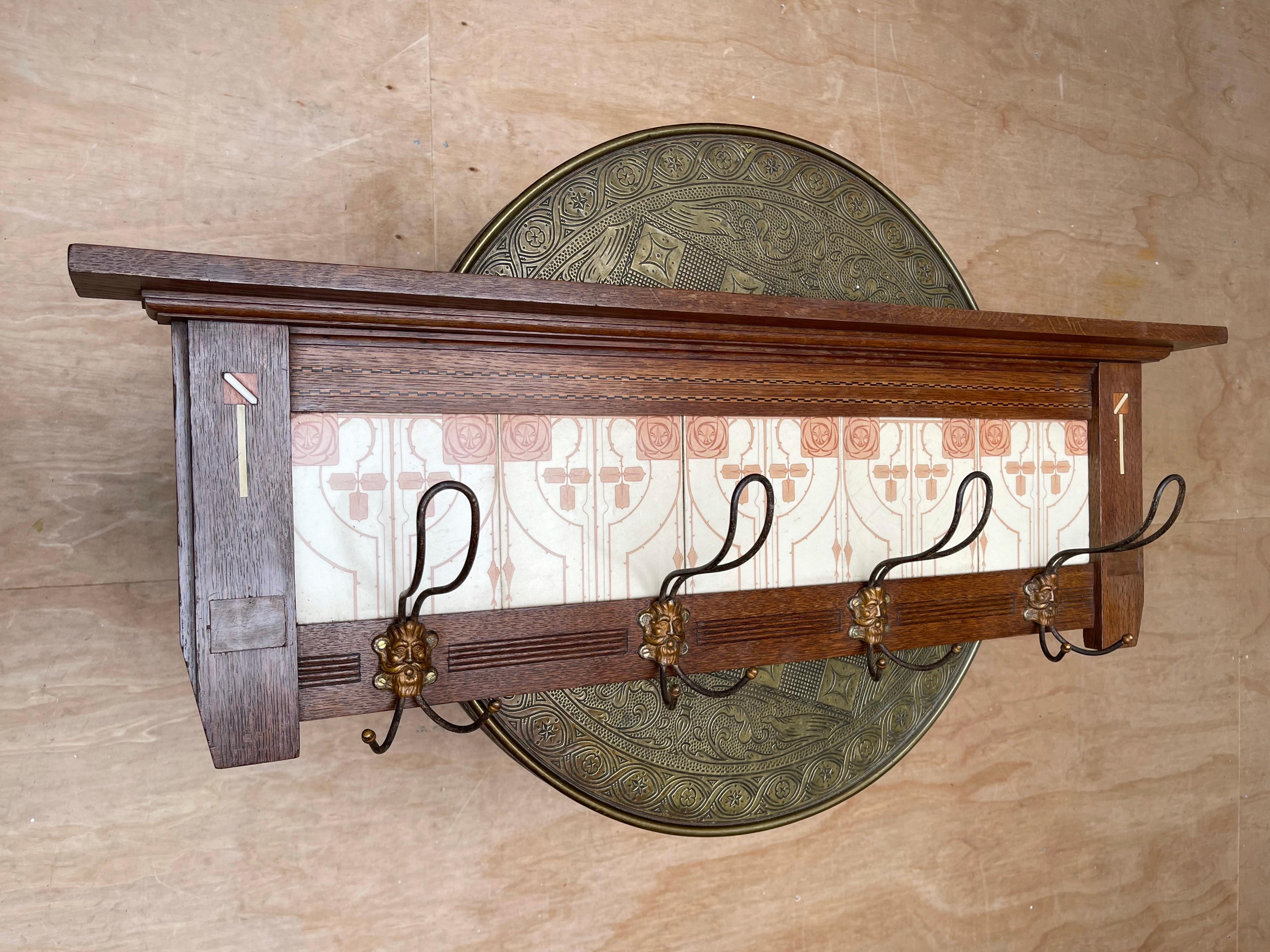 Glazed Arts & Crafts Wall Coat Rack with Unique Stylized Flower Tiles, circa 1900