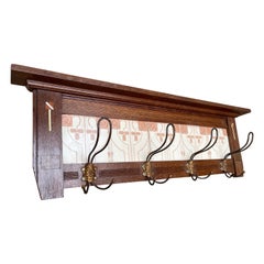 Arts & Crafts Wall Coat Rack with Unique Stylized Flower Tiles, circa 1900