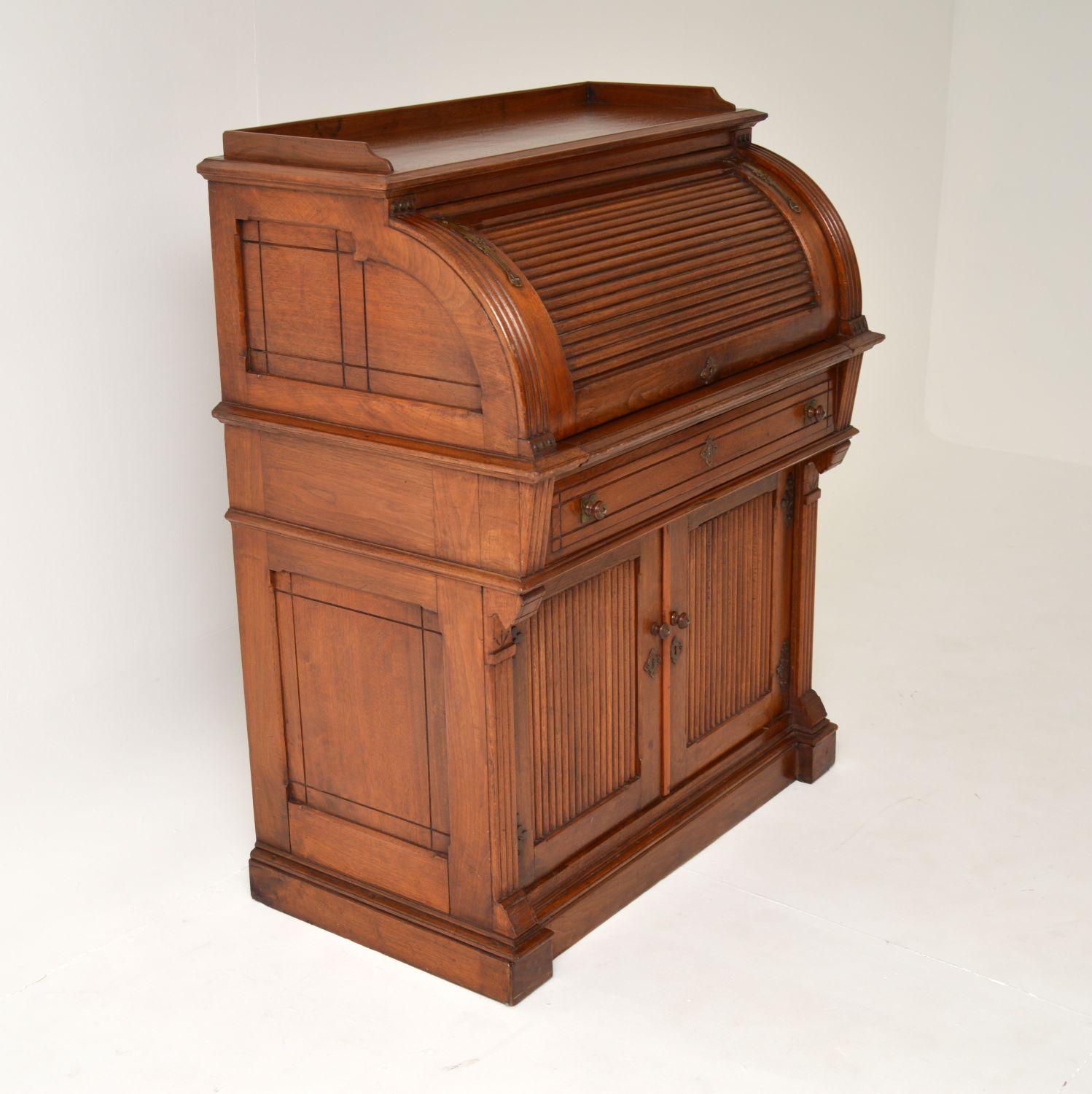 Antique Arts & Crafts Walnut Tambour Top Desk / Bureau 6