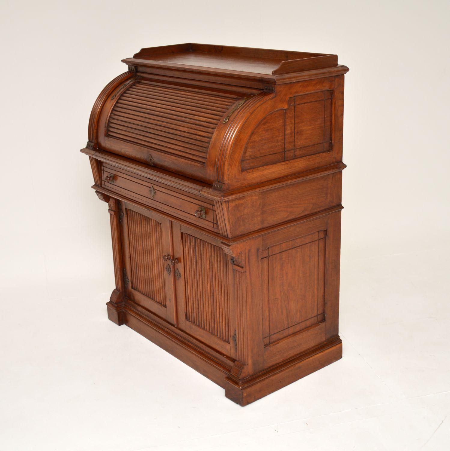 Antique Arts & Crafts Walnut Tambour Top Desk / Bureau 8