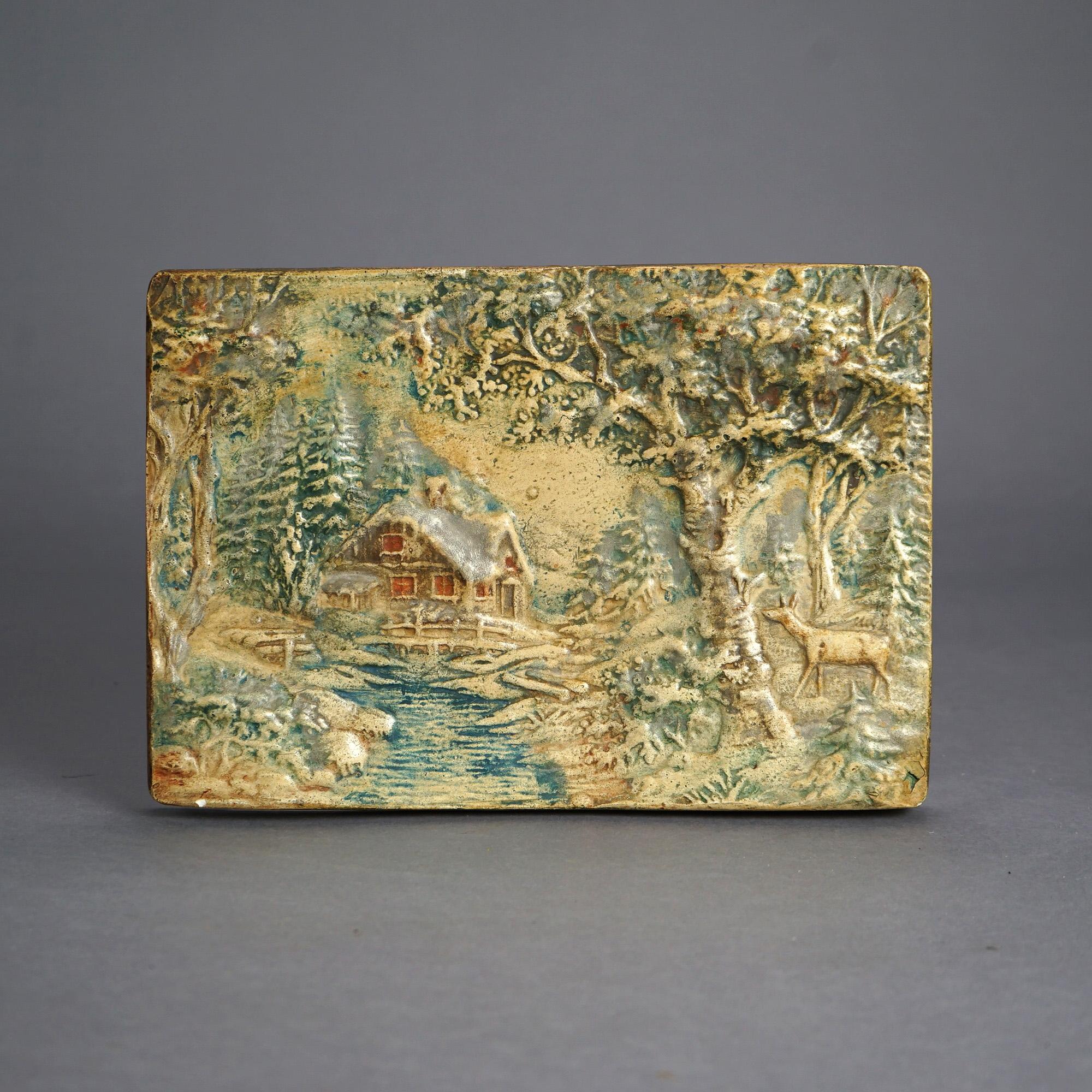 Antique Arts & Crafts attr. Weller Embossed Woodland Landscape Pottery Plaque with Deer & Cabin, unsigned, C1920

Measures - 8