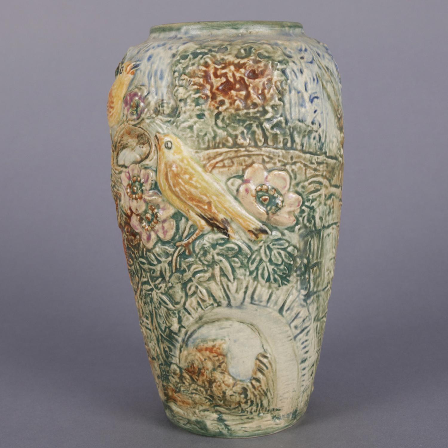 Antique Arts & Crafts art pottery Glendale vase by Weller Pottery features hand painted high relief woodland design with birds with eggs in a nest, circa 1920

Measures: 8.5