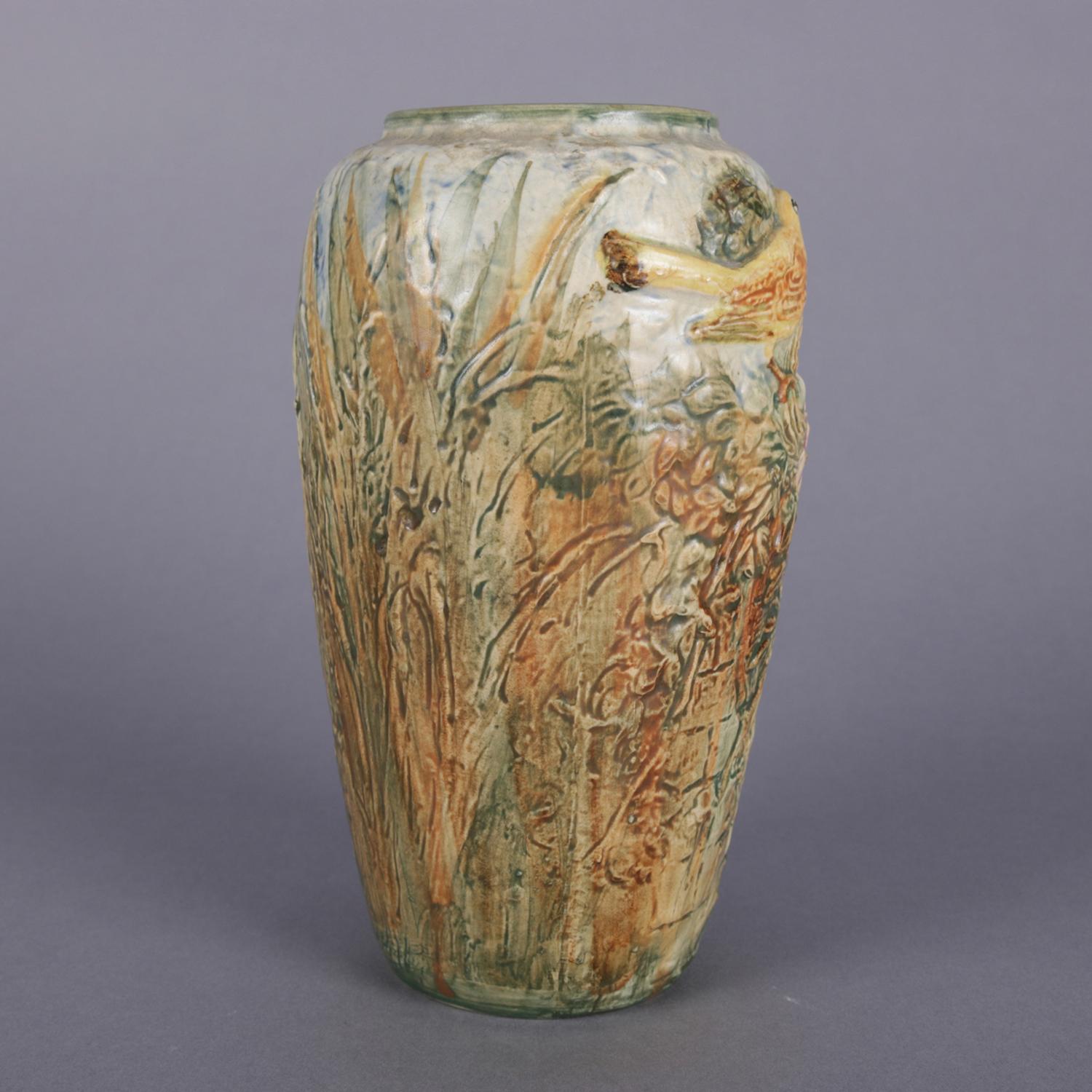 American Antique Arts & Crafts Weller Glendale Bird and Nest High Relief Pottery Vase