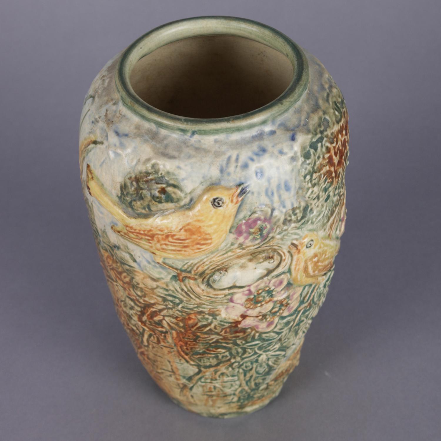 Antique Arts & Crafts Weller Glendale Bird and Nest High Relief Pottery Vase In Good Condition In Big Flats, NY
