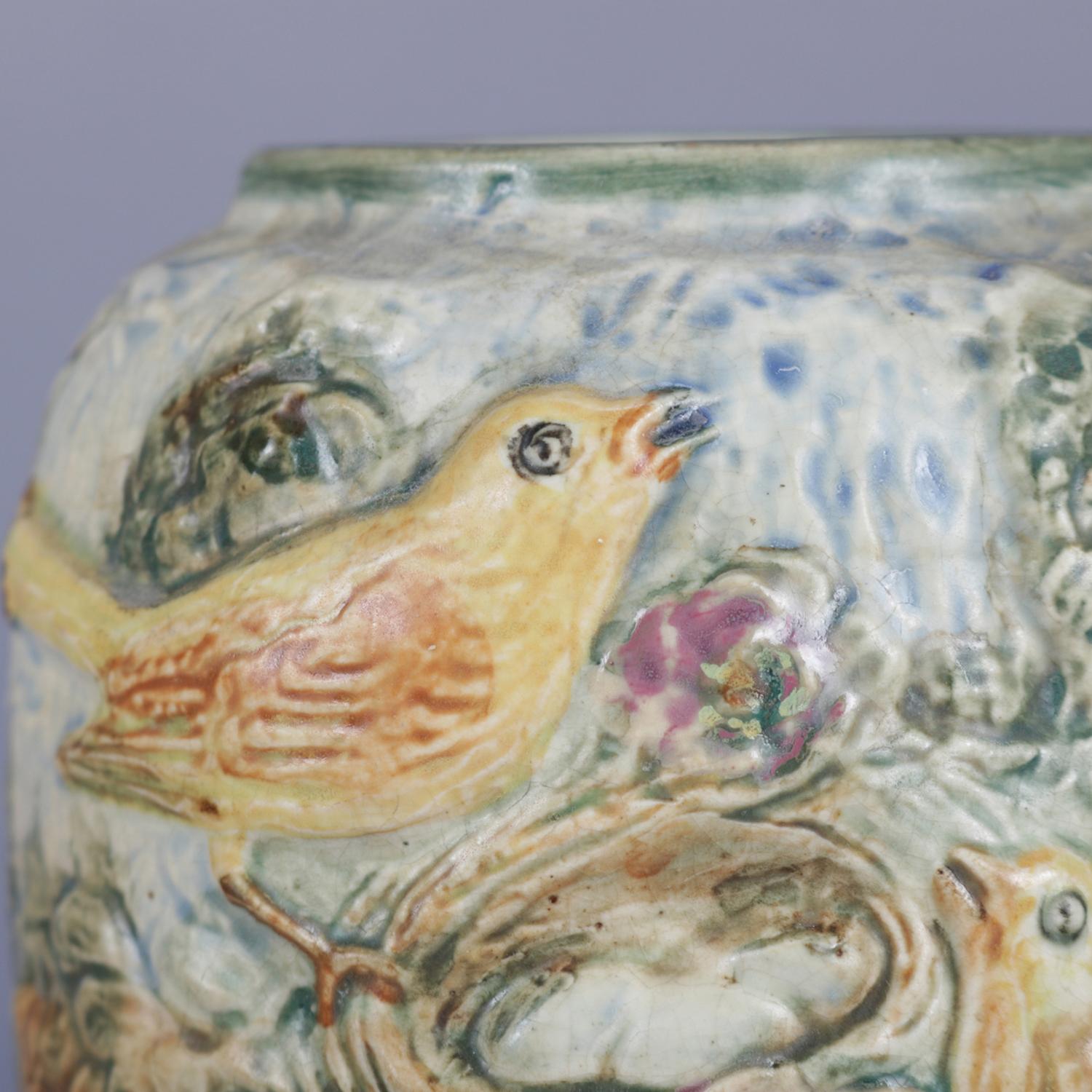 Ceramic Antique Arts & Crafts Weller Glendale Bird and Nest High Relief Pottery Vase