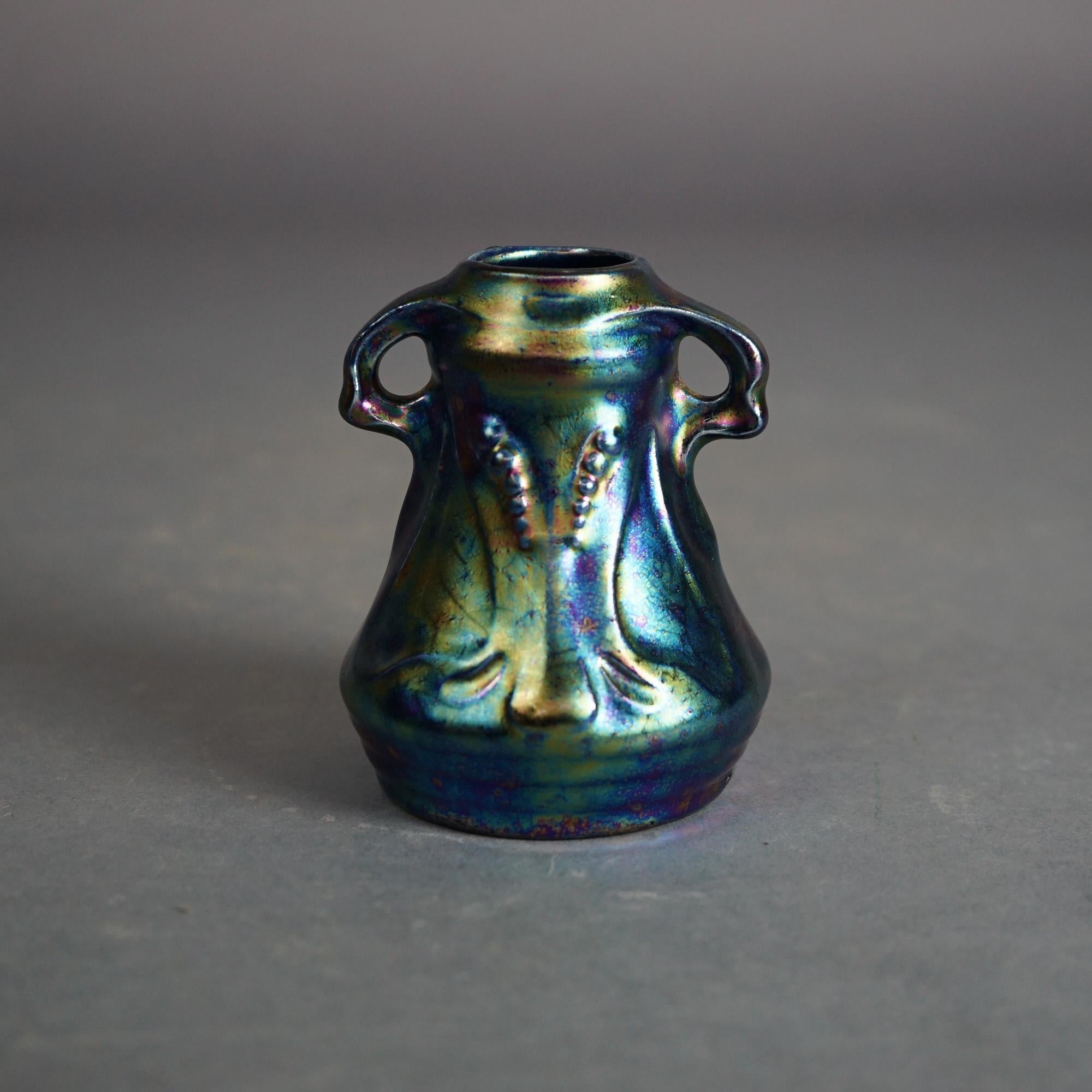 Arts and Crafts Antique Arts & Crafts Weller Heliosine Iridescent Pottery Handled Vase C1920