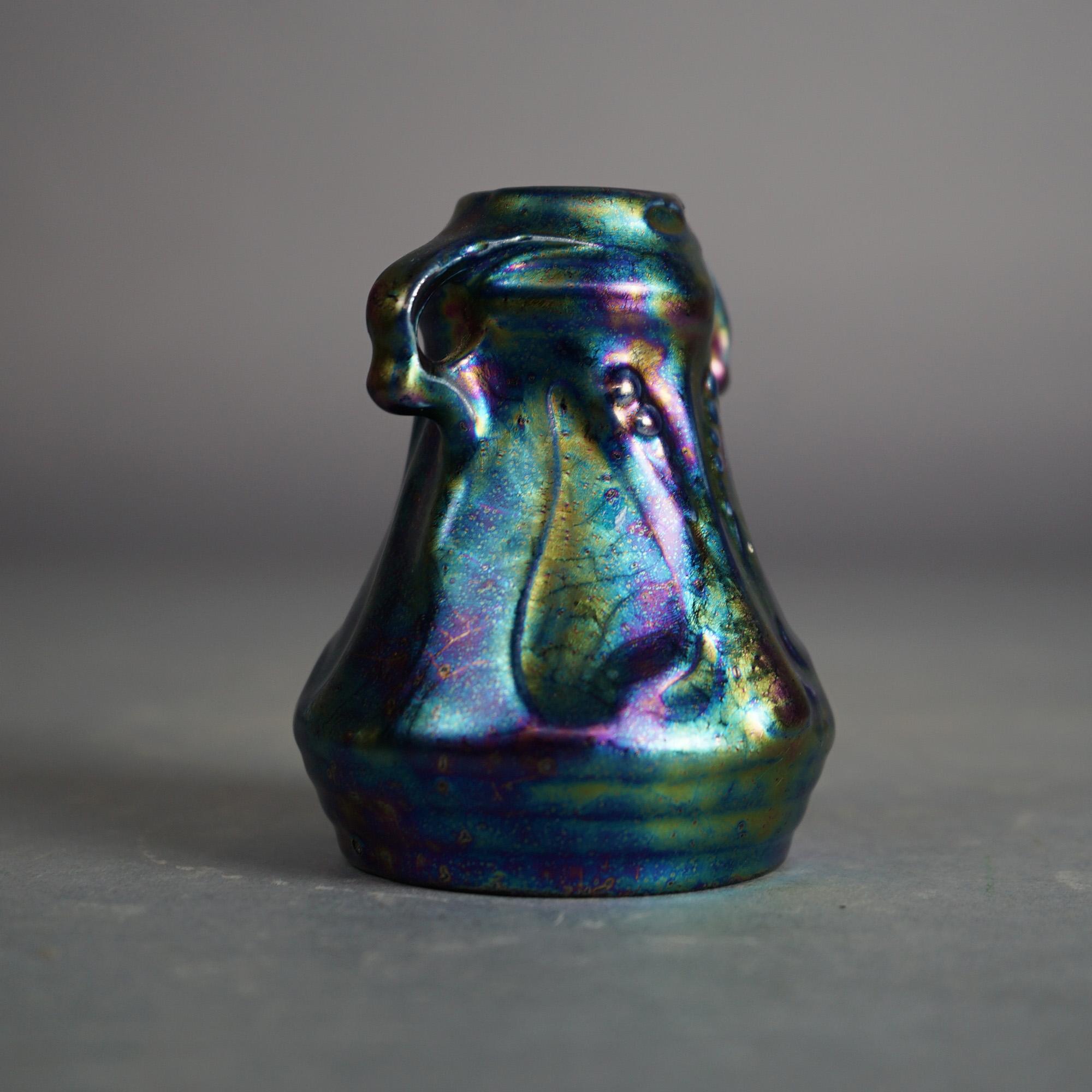 Antique Arts & Crafts Weller Heliosine Iridescent Pottery Handled Vase C1920 In Good Condition In Big Flats, NY