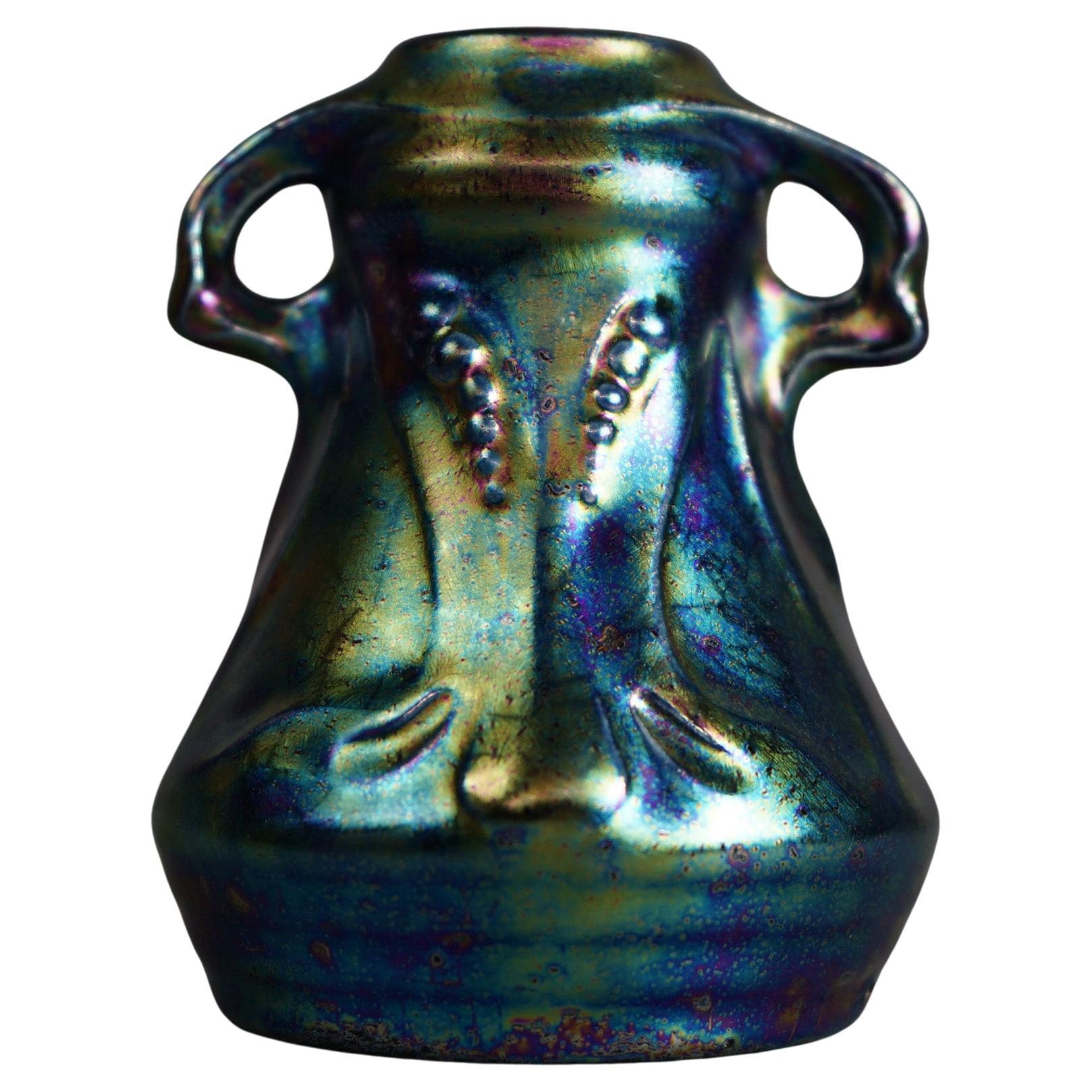 Antique Arts & Crafts Weller Heliosine Iridescent Pottery Handled Vase C1920