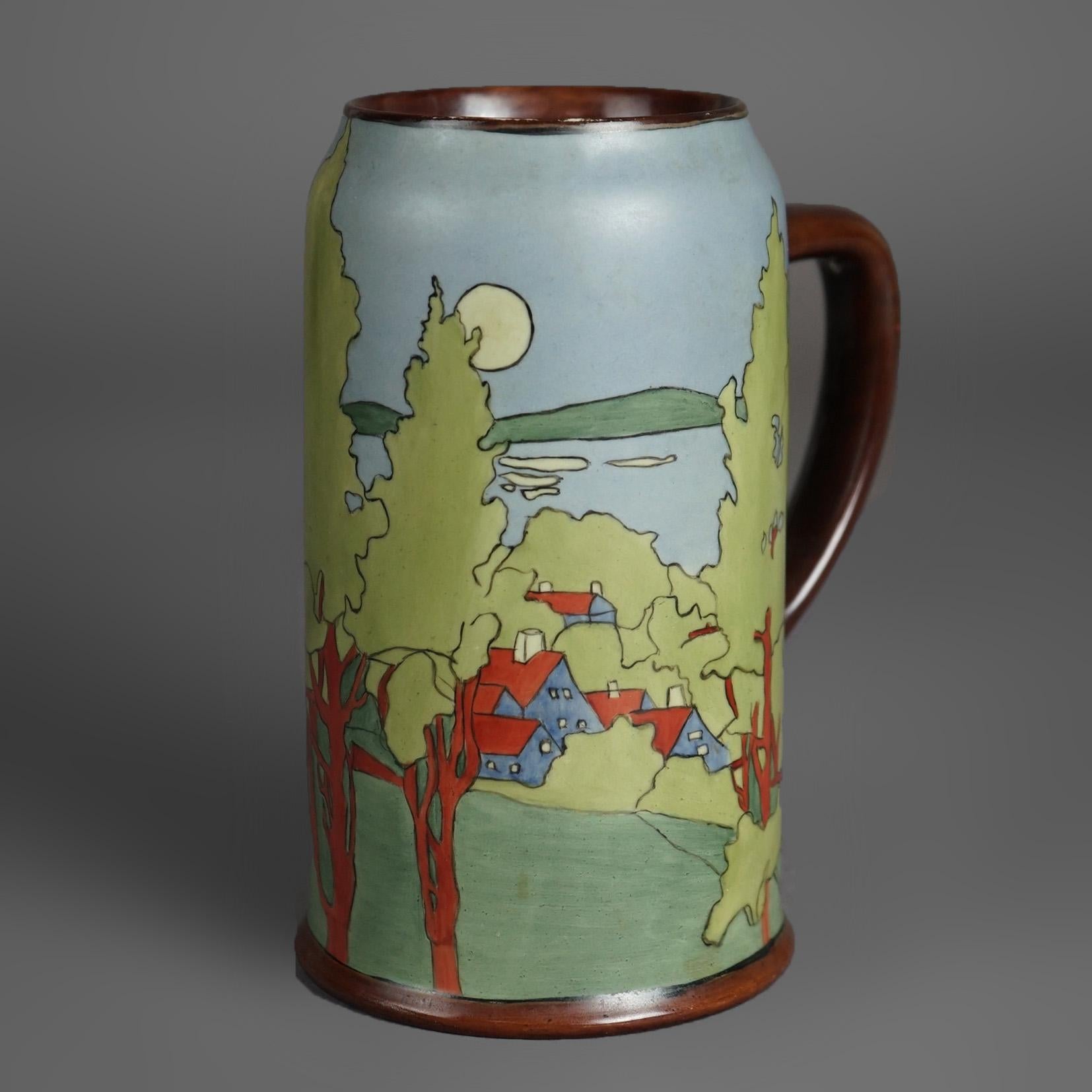 20th Century Antique Arts & Crafts Wesley Dow School Scenic Porcelain Tankard Circa 1900 For Sale