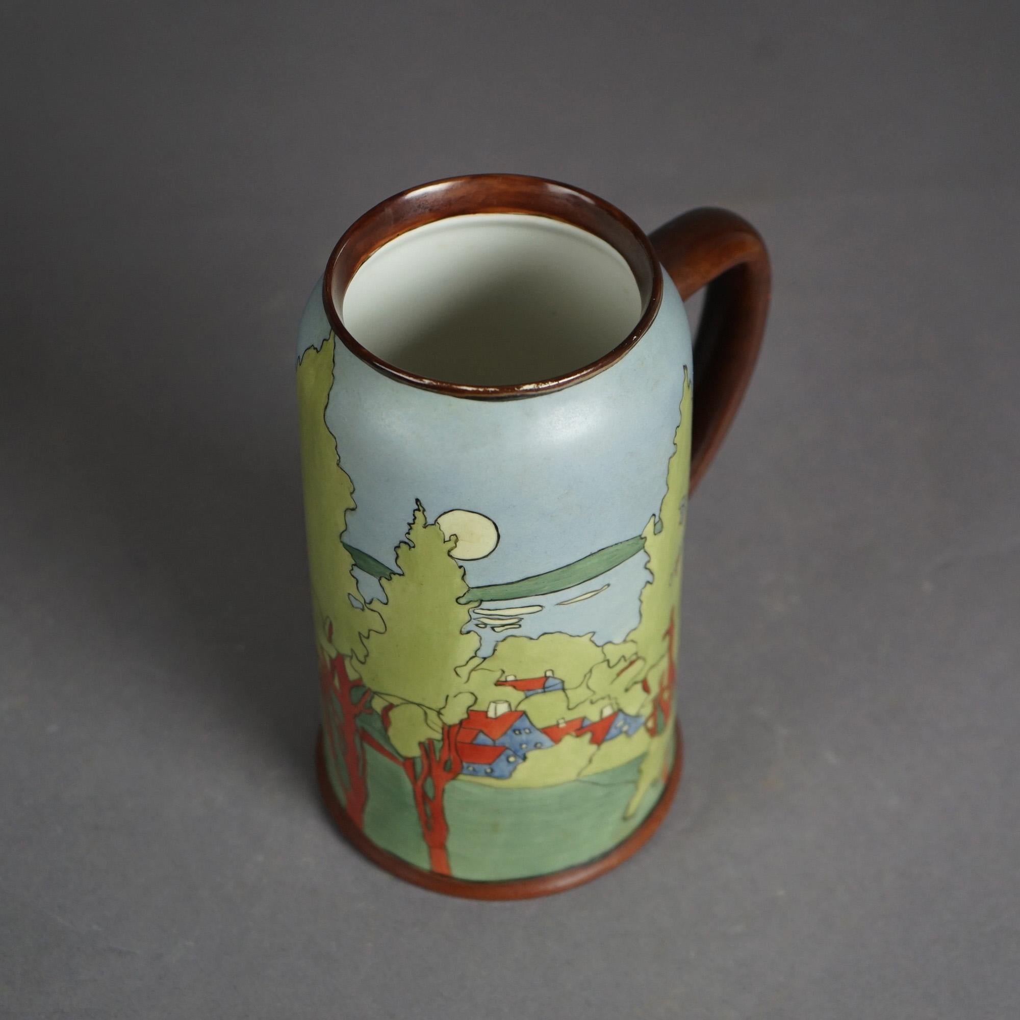 Antique Arts & Crafts Wesley Dow School Scenic Porcelain Tankard Circa 1900 For Sale 1