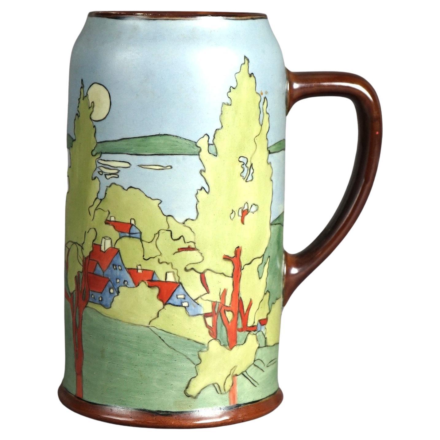 Antique Arts & Crafts Wesley Dow School Scenic Porcelain Tankard Circa 1900