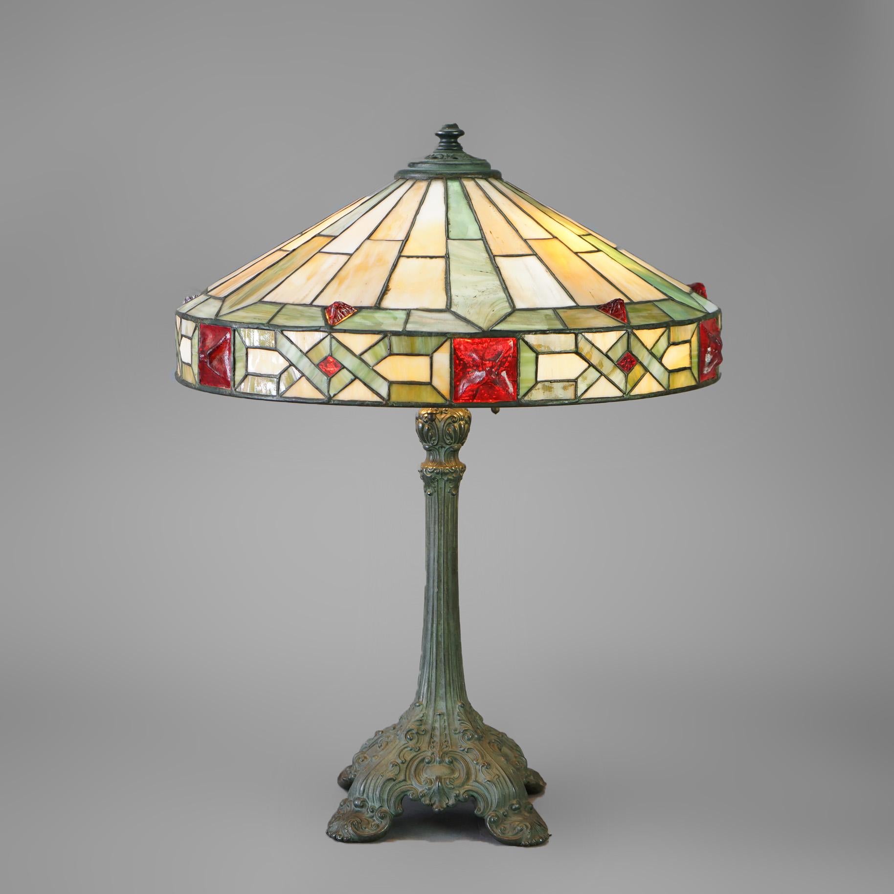 Arts and Crafts Antique Arts & Crafts Wilkinson Slag, Chunk & Jewel Glass Table Lamp Circa 1920