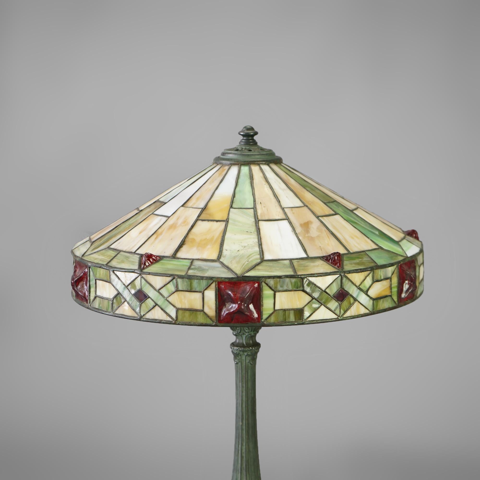 American Antique Arts & Crafts Wilkinson Slag, Chunk & Jewel Glass Table Lamp Circa 1920