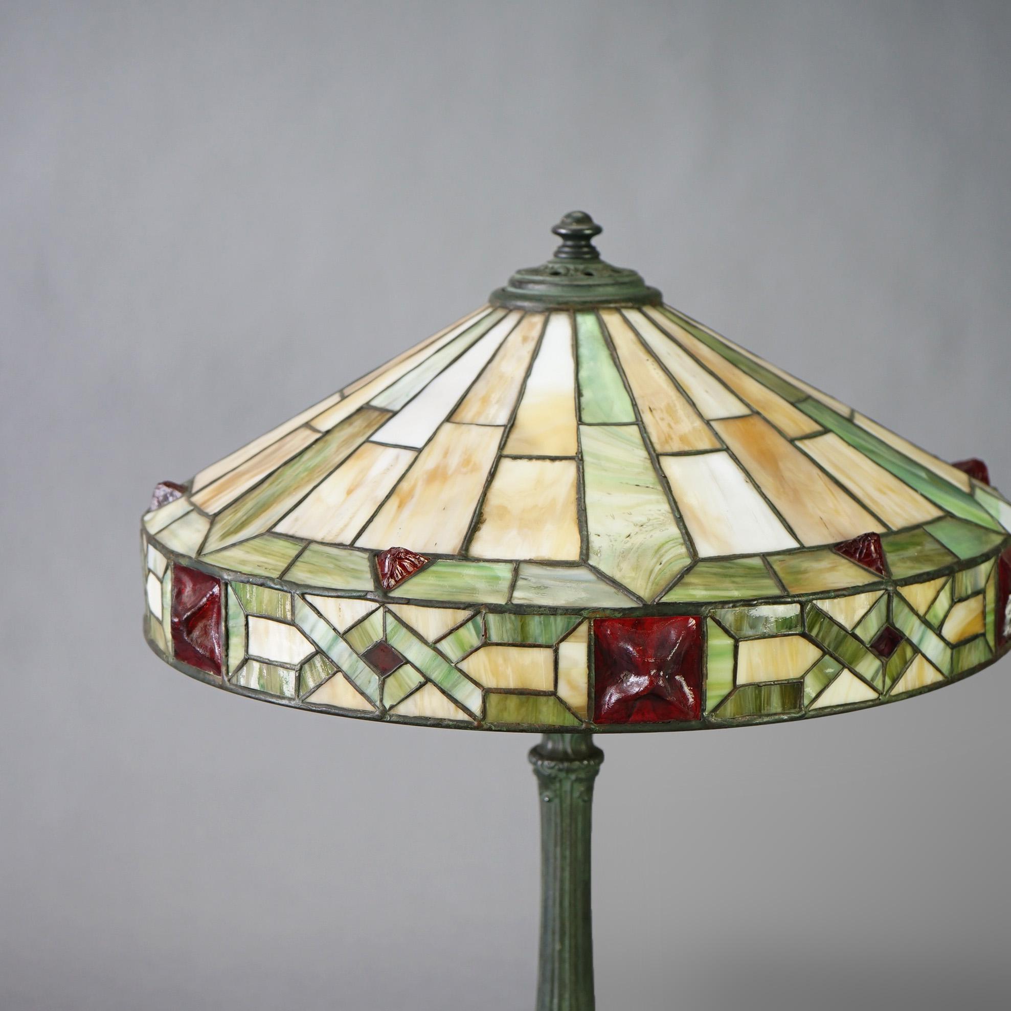 Antique Arts & Crafts Wilkinson Slag, Chunk & Jewel Glass Table Lamp Circa 1920 In Good Condition In Big Flats, NY
