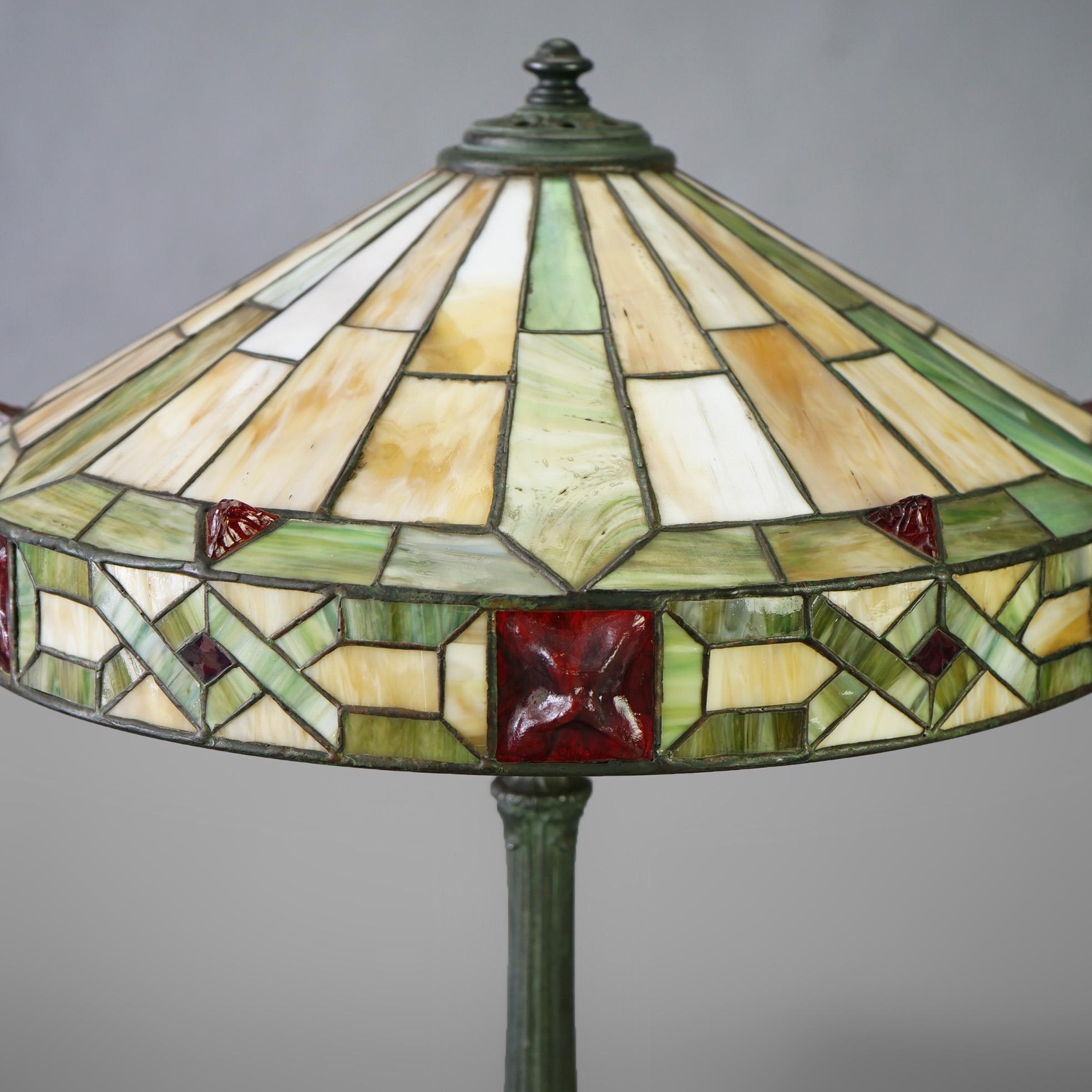 20th Century Antique Arts & Crafts Wilkinson Slag, Chunk & Jewel Glass Table Lamp Circa 1920
