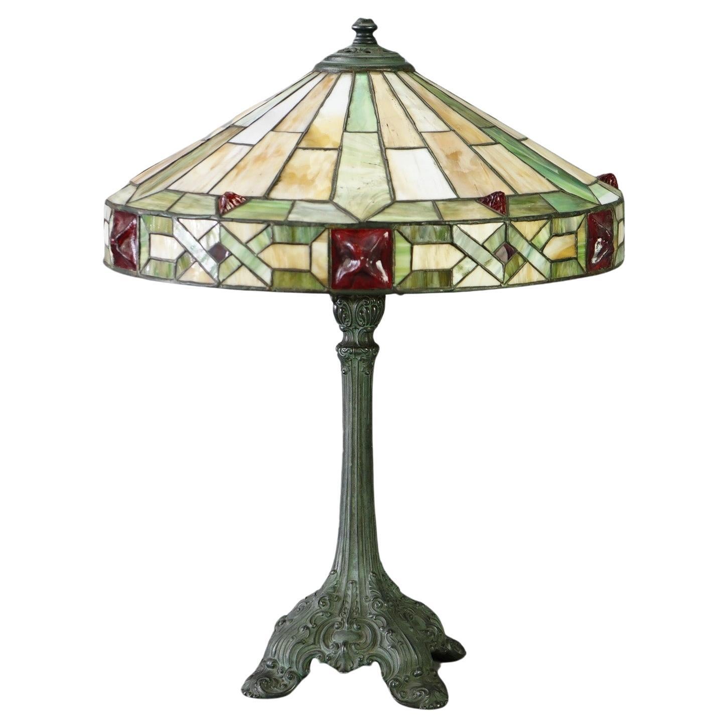 Antique Arts & Crafts Wilkinson Slag, Chunk & Jewel Glass Table Lamp Circa 1920