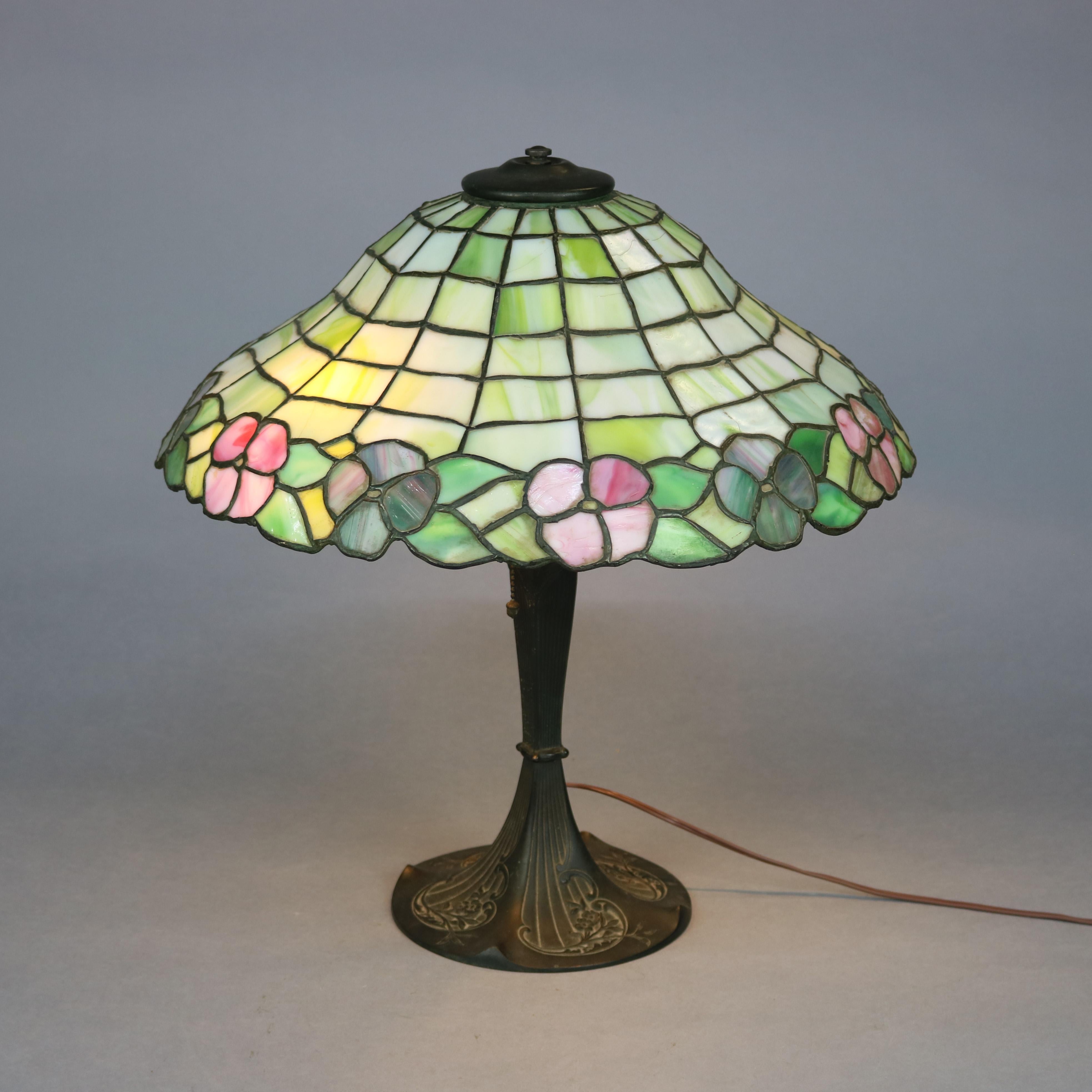 Antique Arts & Crafts Williamson School Floral Leaded Glass Table Lamp, c 1920 1